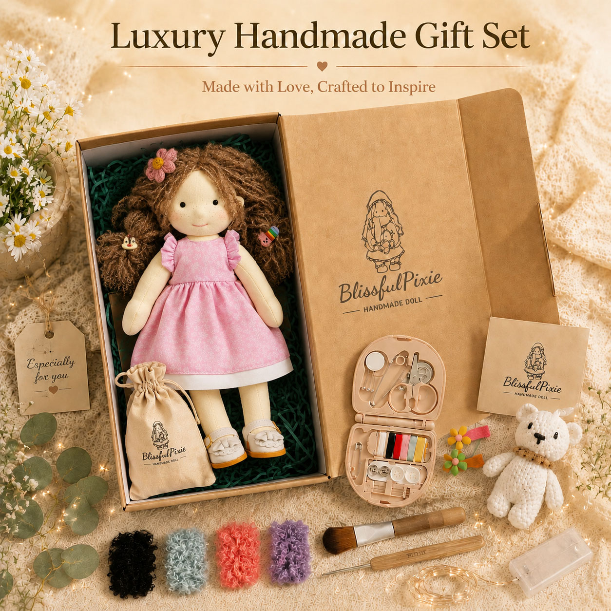  BlissfulPixie 12" Waldorf Doll Amy, Handmade Soft Rag Doll for Girls with DIY Hair Styling Kit, 4 Color Hair Set, Teddy Bear, Makeup Tools & Gift Box Set, Creative Birthday Christmas Gift