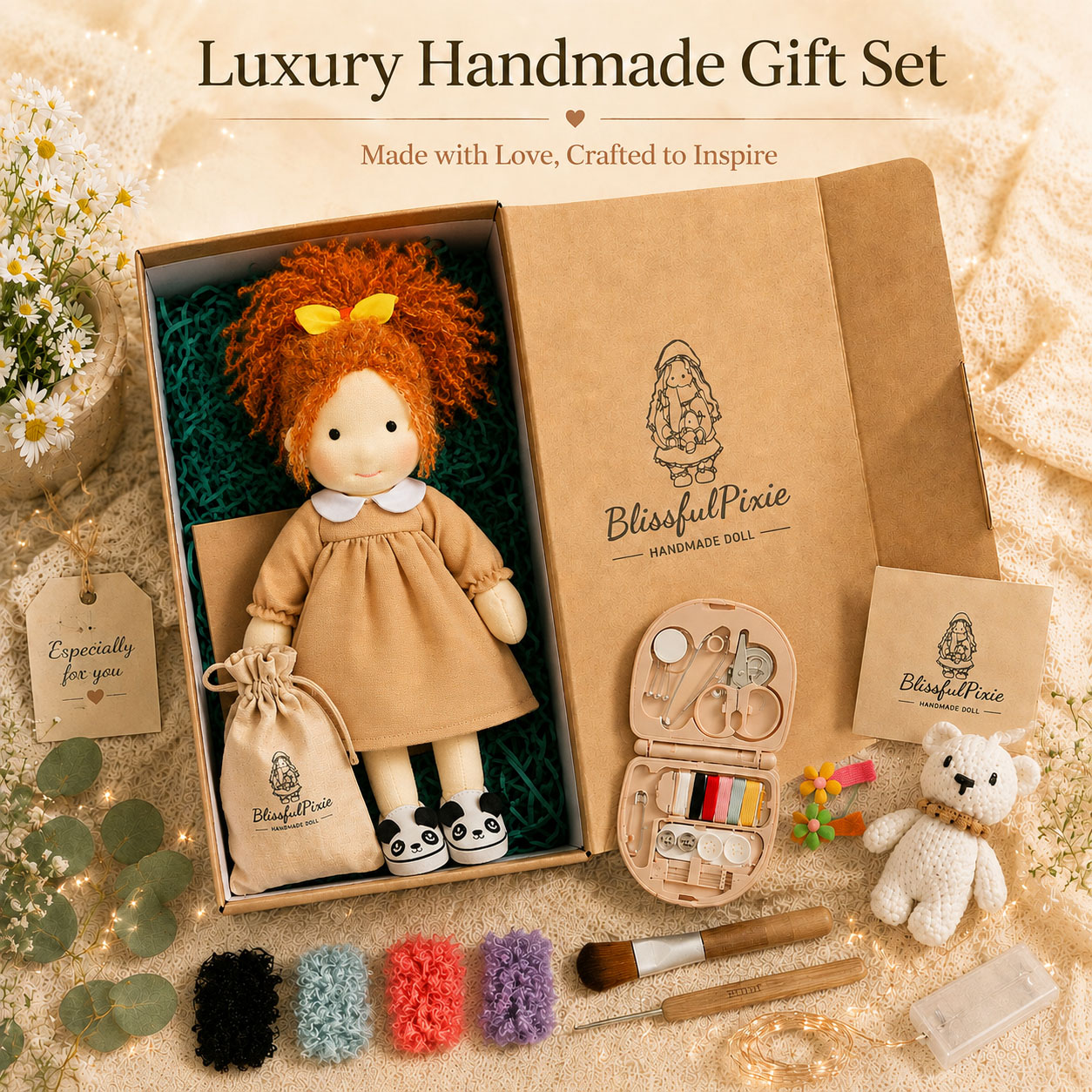 BlissfulPixie 12" Waldorf Doll Ada, Handmade Soft Rag Doll for Girls with DIY Hair Styling Kit, 4 Color Hair Set, Teddy Bear, Makeup Tools & Gift Box Set, Creative Birthday Christmas Gift