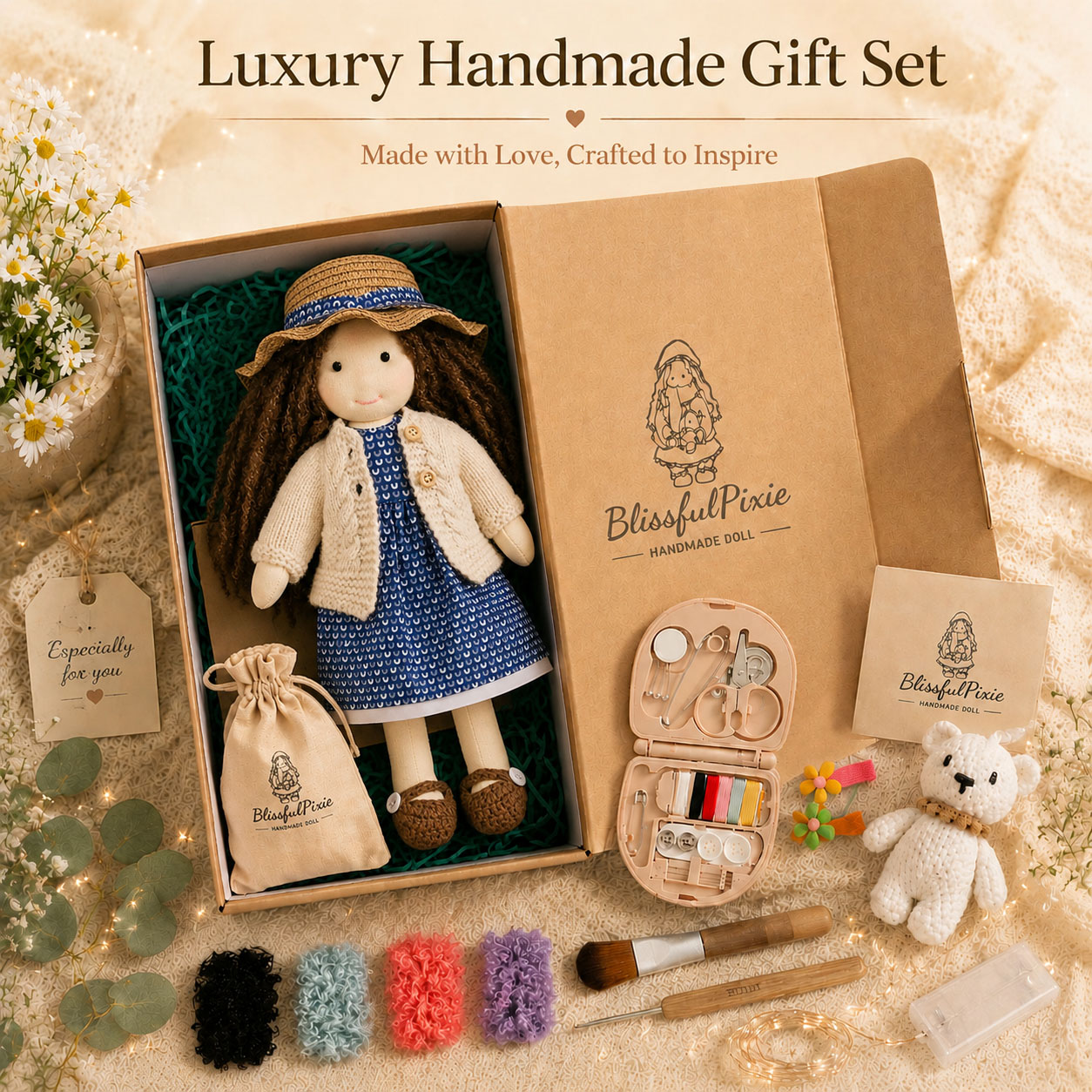   BlissfulPixie 12" Waldorf Doll Basia, Handmade Soft Rag Doll for Girls with DIY Hair Styling Kit, 4 Color Hair Set, Teddy Bear, Makeup Tools & Gift Box Set, Creative Birthday Christmas Gift