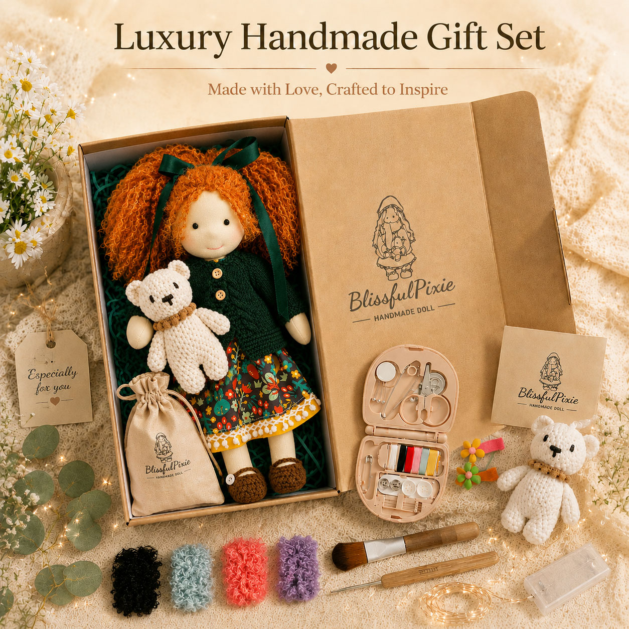 BlissfulPixie 12" Waldorf Doll Hanne, Handmade Soft Rag Doll for Girls with DIY Hair Styling Kit, 4 Color Hair Set, Teddy Bear, Makeup Tools & Gift Box Set, Creative Birthday Christmas Gift