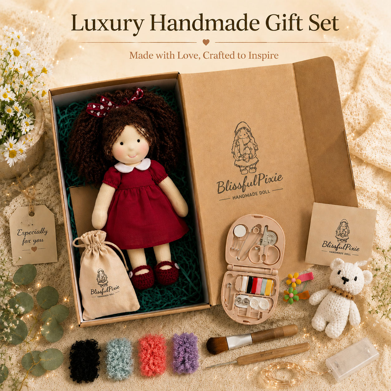  BlissfulPixie 12" Waldorf Doll Eleanor, Handmade Soft Rag Doll for Girls with DIY Hair Styling Kit, 4 Color Hair Set, Teddy Bear, Makeup Tools & Gift Box Set, Creative Birthday Christmas Gift
