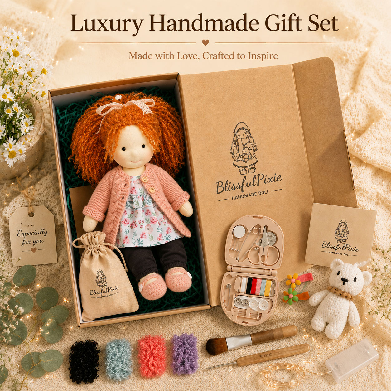   BlissfulPixie 12" Waldorf Doll Elsee, Handmade Soft Rag Doll for Girls with DIY Hair Styling Kit, 4 Color Hair Set, Teddy Bear, Makeup Tools & Gift Box Set, Creative Birthday Christmas Gift