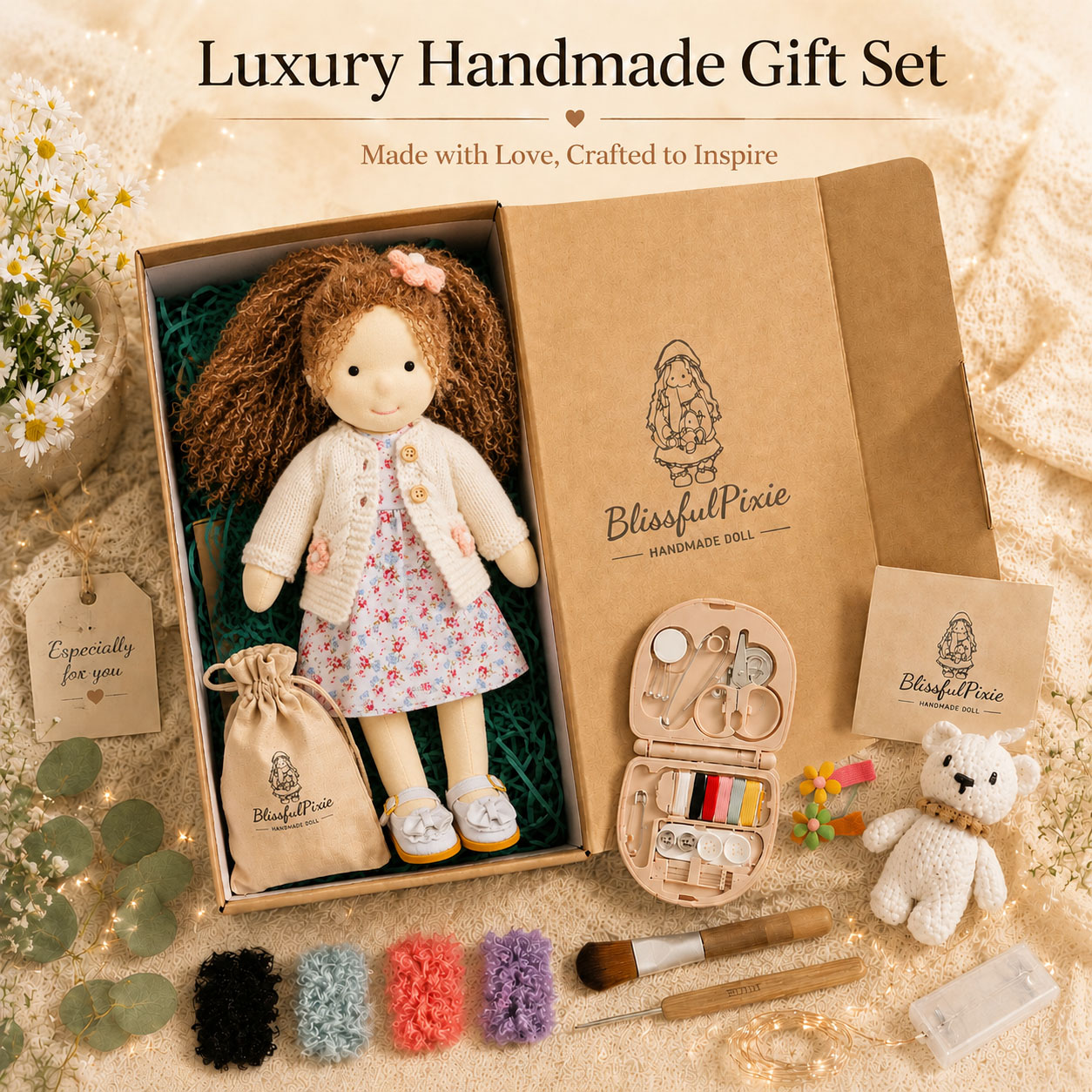 BlissfulPixie 12" Waldorf Doll Amber, Handmade Soft Rag Doll for Girls with DIY Hair Styling Kit, 4 Color Hair Set, Teddy Bear, Makeup Tools & Gift Box Set, Creative Birthday Christmas Gift