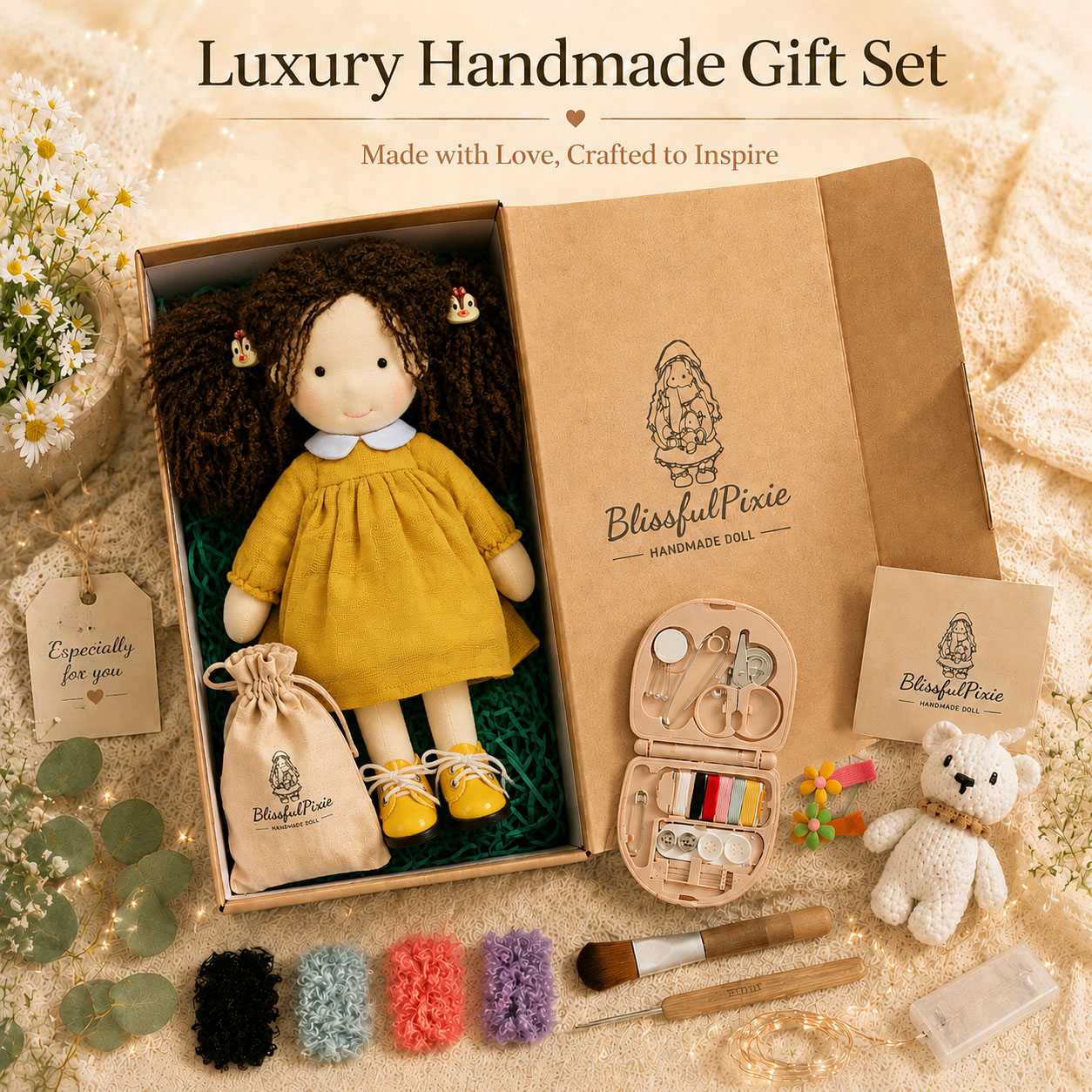 BlissfulPixie 12" Waldorf Doll Inka , Handmade Soft Rag Doll for Girls with DIY Hair Styling Kit, 4 Color Hair Set, Teddy Bear, Makeup Tools & Gift Box Set, Creative Birthday Christmas Gift