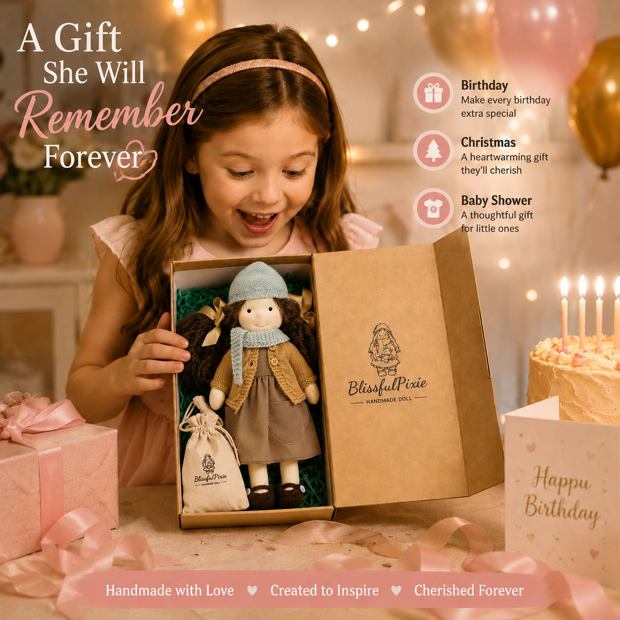 BlissfulPixie 12" Waldorf Doll Zoey, Handmade Soft Rag Doll for Girls with DIY Hair Styling Kit, 4 Color Hair Set, Teddy Bear, Makeup Tools & Gift Box Set, Creative Birthday Christmas Gift