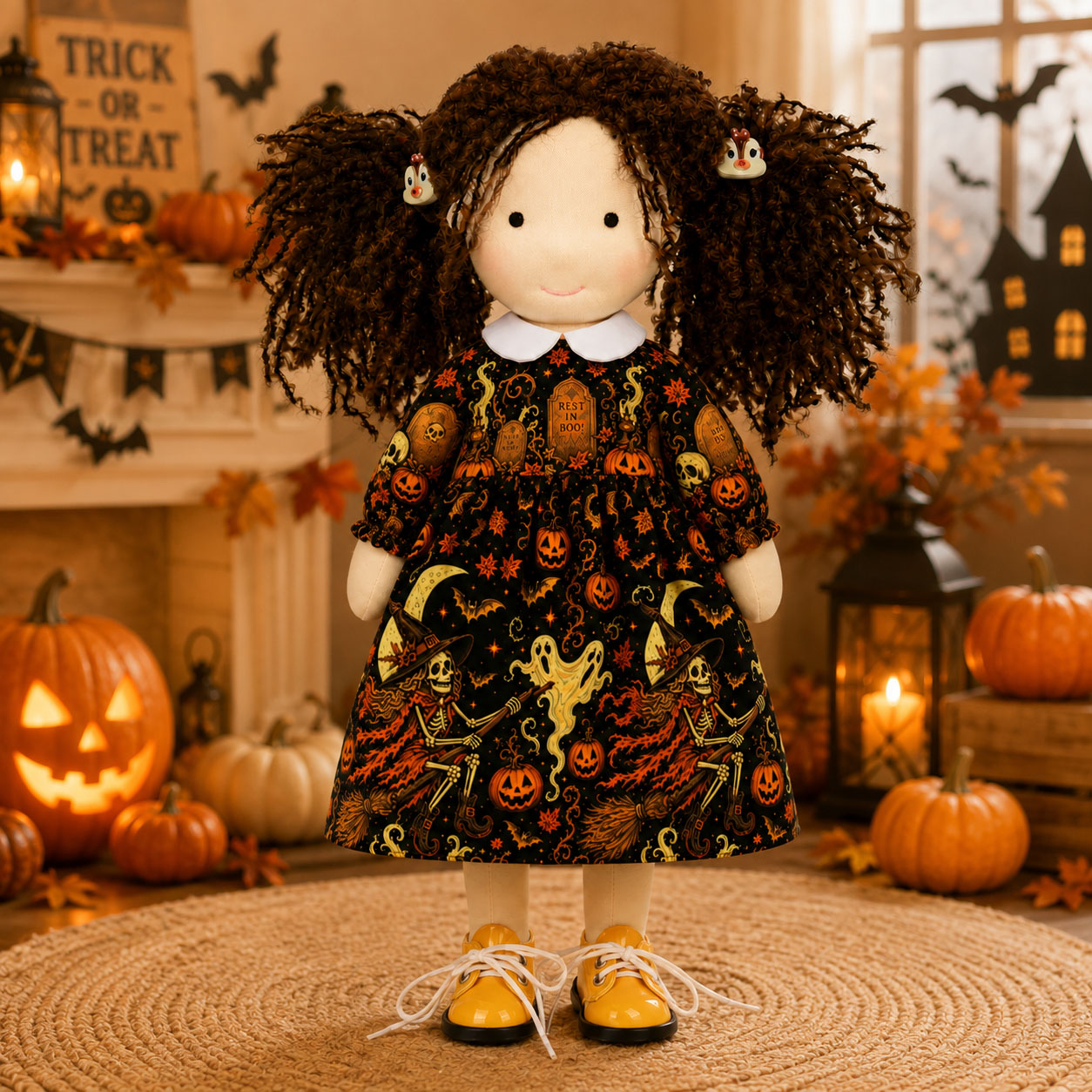 [Halloween Limited Edition ]BlissfulPixie 12" Waldorf Doll Inka , Handmade Soft Rag Doll for Girls with DIY Hair Styling Kit, 4 Color Hair Set, Teddy Bear, Makeup Tools & Gift Box Set, Creative Birthday Christmas Gift