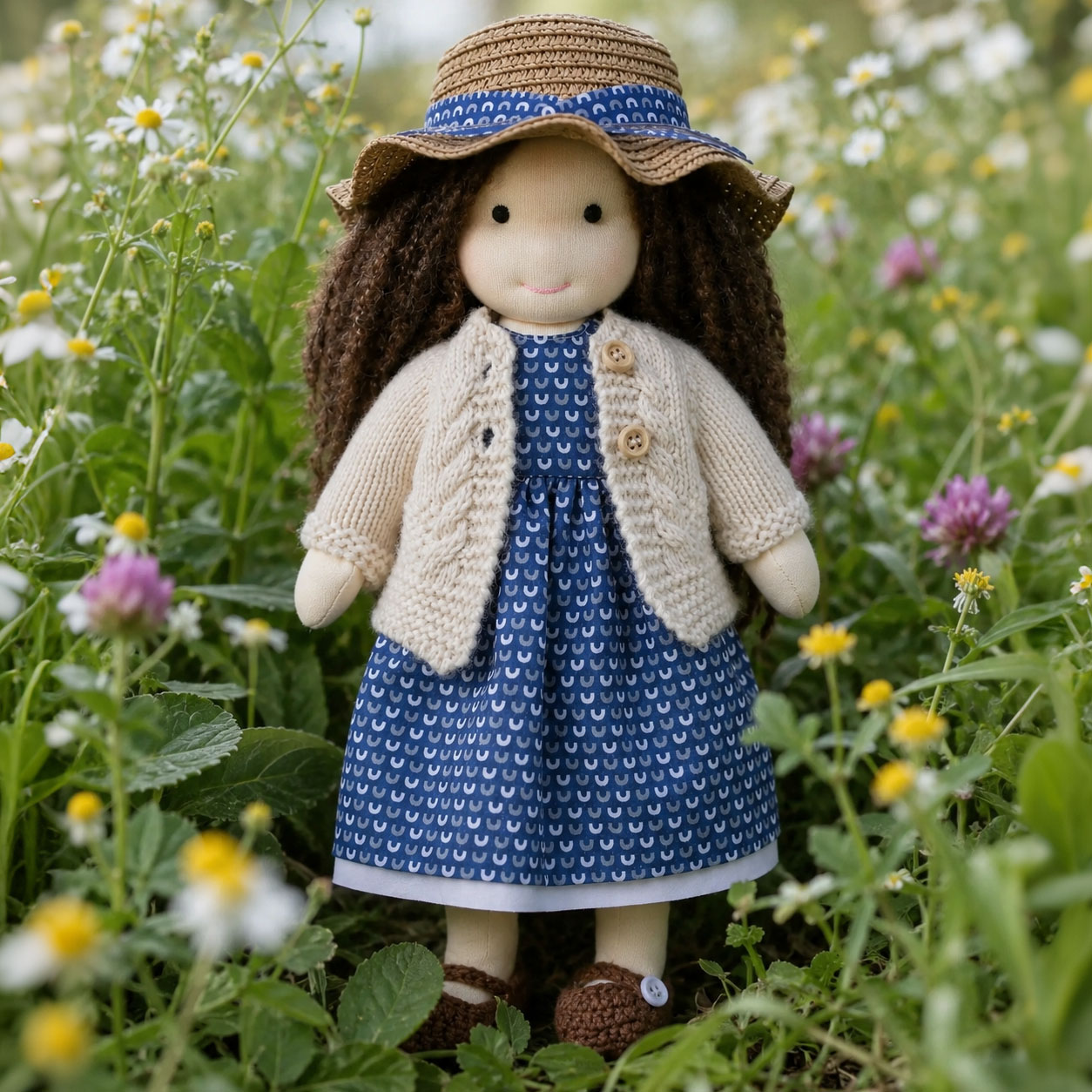   BlissfulPixie 12" Waldorf Doll Basia, Handmade Soft Rag Doll for Girls with DIY Hair Styling Kit, 4 Color Hair Set, Teddy Bear, Makeup Tools & Gift Box Set, Creative Birthday Christmas Gift