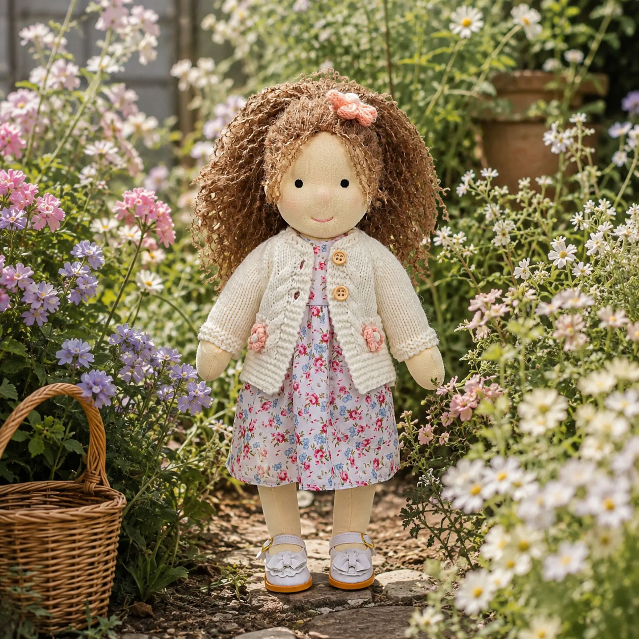 BlissfulPixie 12" Waldorf Doll Amber, Handmade Soft Rag Doll for Girls with DIY Hair Styling Kit, 4 Color Hair Set, Teddy Bear, Makeup Tools & Gift Box Set, Creative Birthday Christmas Gift