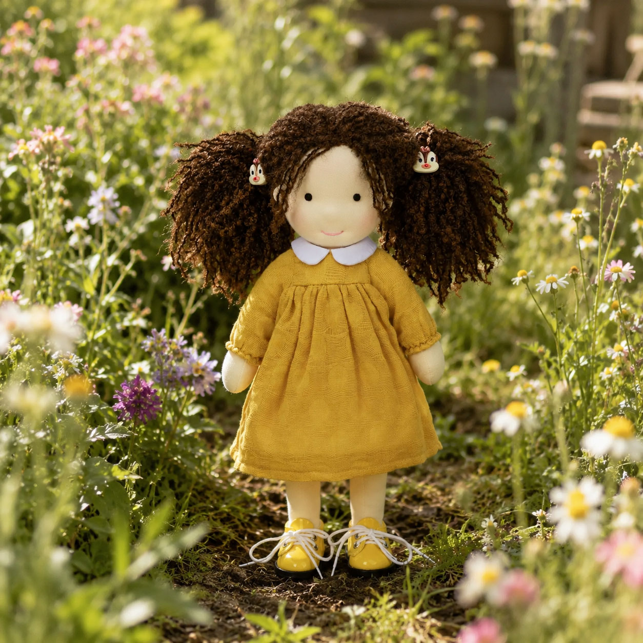 BlissfulPixie 12" Waldorf Doll Inka , Handmade Soft Rag Doll for Girls with DIY Hair Styling Kit, 4 Color Hair Set, Teddy Bear, Makeup Tools & Gift Box Set, Creative Birthday Christmas Gift