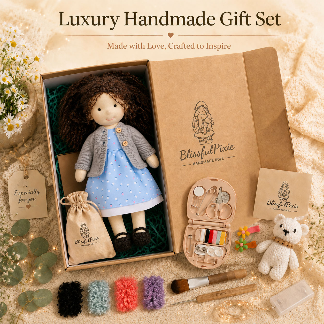  BlissfulPixie 12" Waldorf Doll Louise, Handmade Soft Rag Doll for Girls with DIY Hair Styling Kit, 4 Color Hair Set, Teddy Bear, Makeup Tools & Gift Box Set, Creative Birthday Christmas Gift