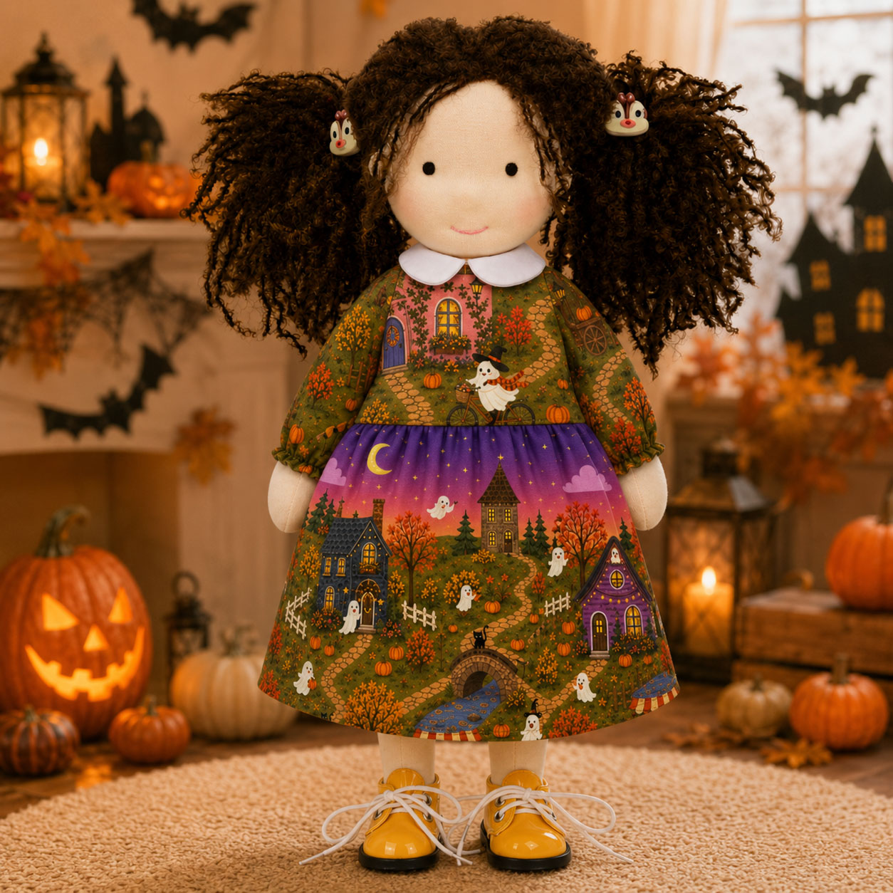 [Halloween Limited Edition ]BlissfulPixie 12" Waldorf Doll Inka  , Handmade Soft Rag Doll for Girls with DIY Hair Styling Kit, 4 Color Hair Set, Teddy Bear, Makeup Tools & Gift Box Set, Creative Birthday Christmas Gift
