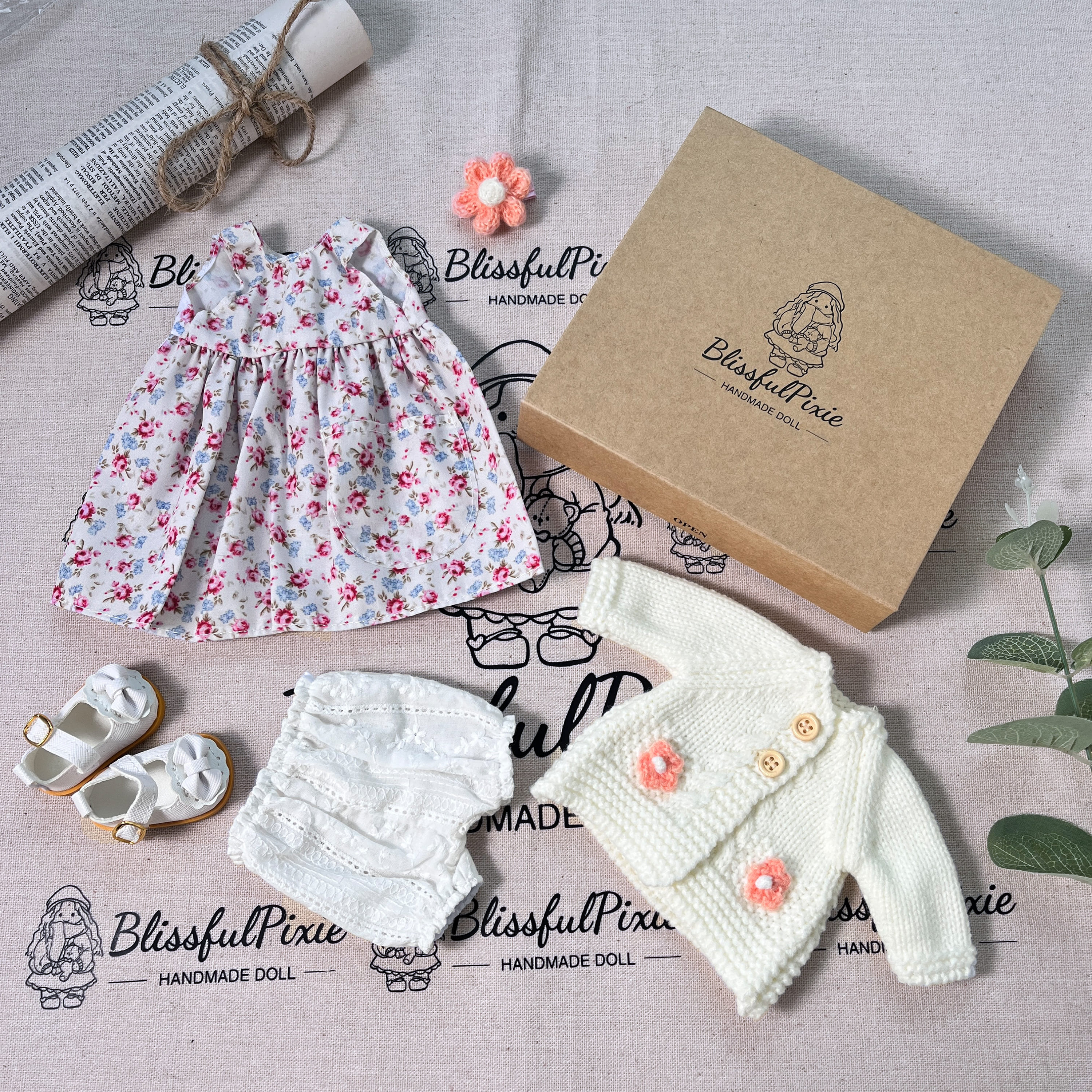 BlissfulPixie 12" Waldorf Handmade Doll Clothing Set Baby Girl Clothes Washable