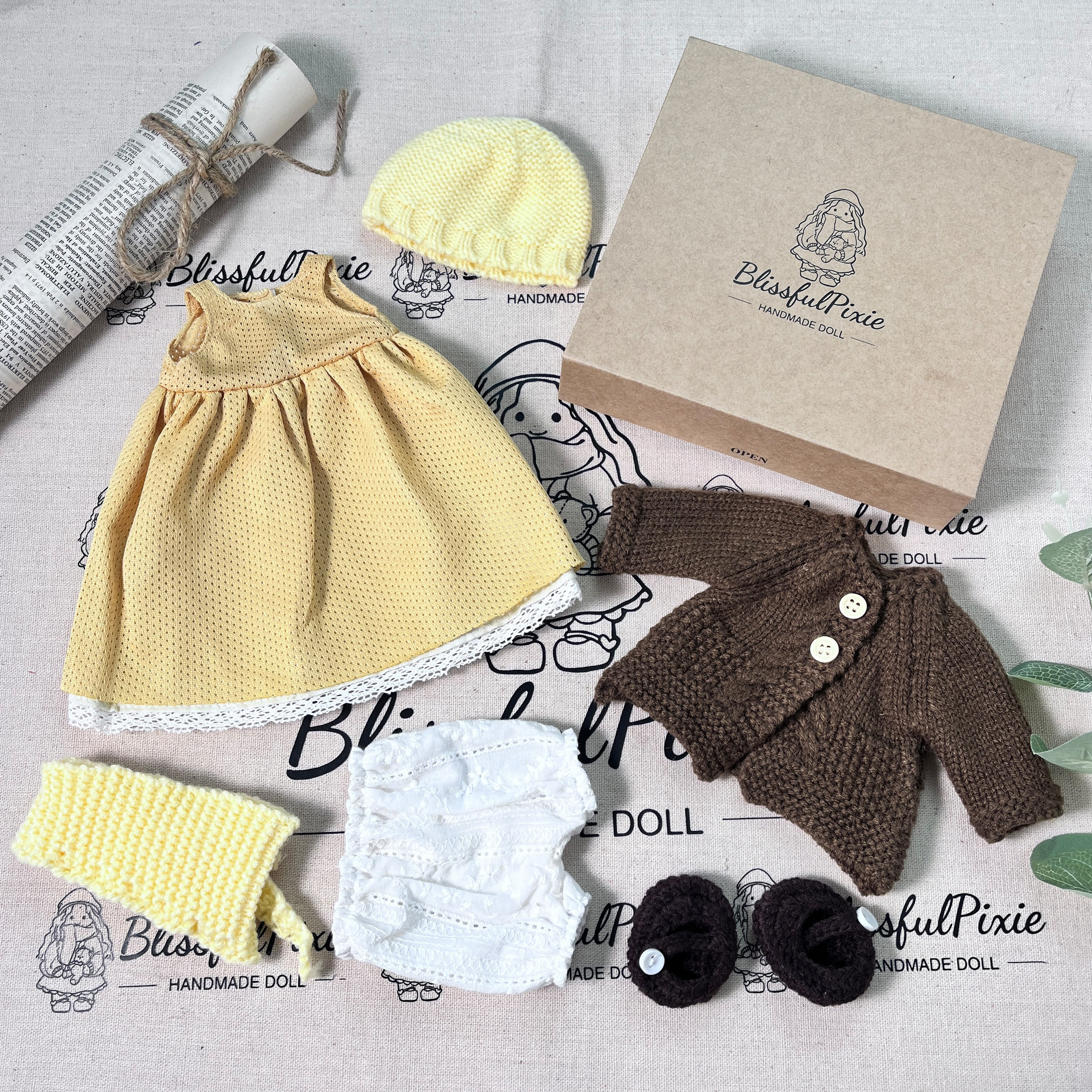 BlissfulPixie 12" Waldorf Handmade Doll Clothing Set Baby Girl Clothes Washable