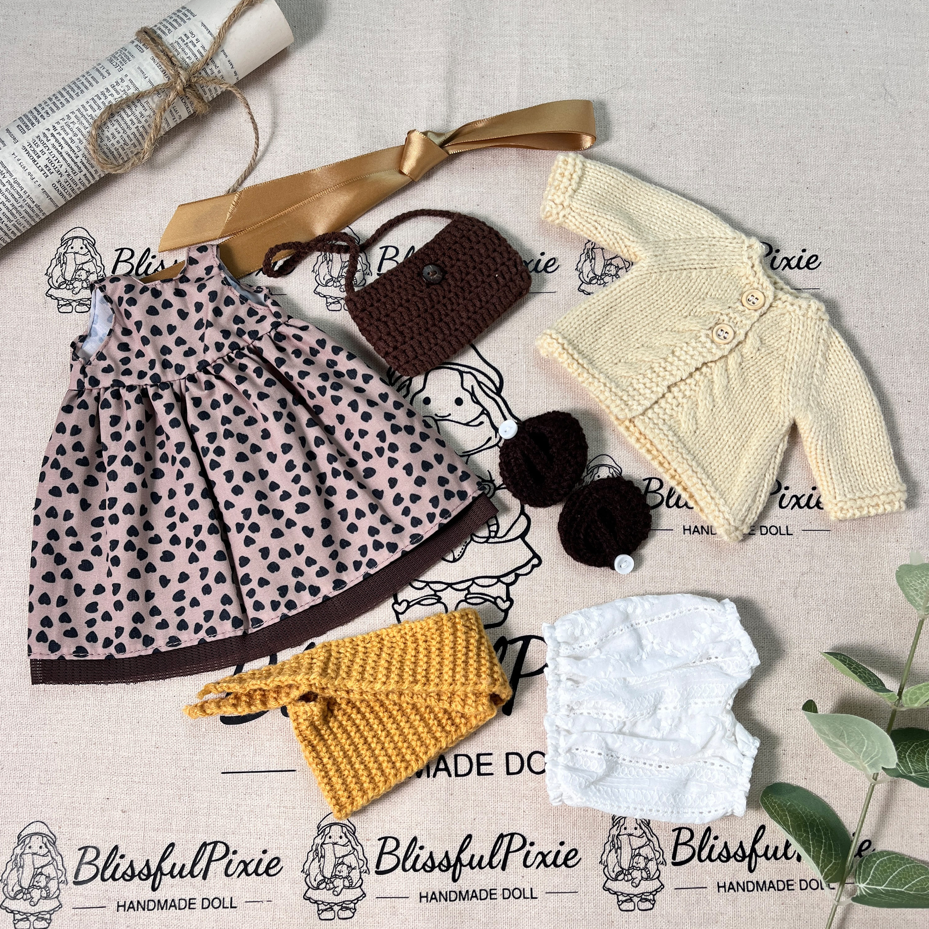 BlissfulPixie 12" Waldorf Handmade Doll Clothing Set Baby Girl Clothes Washable