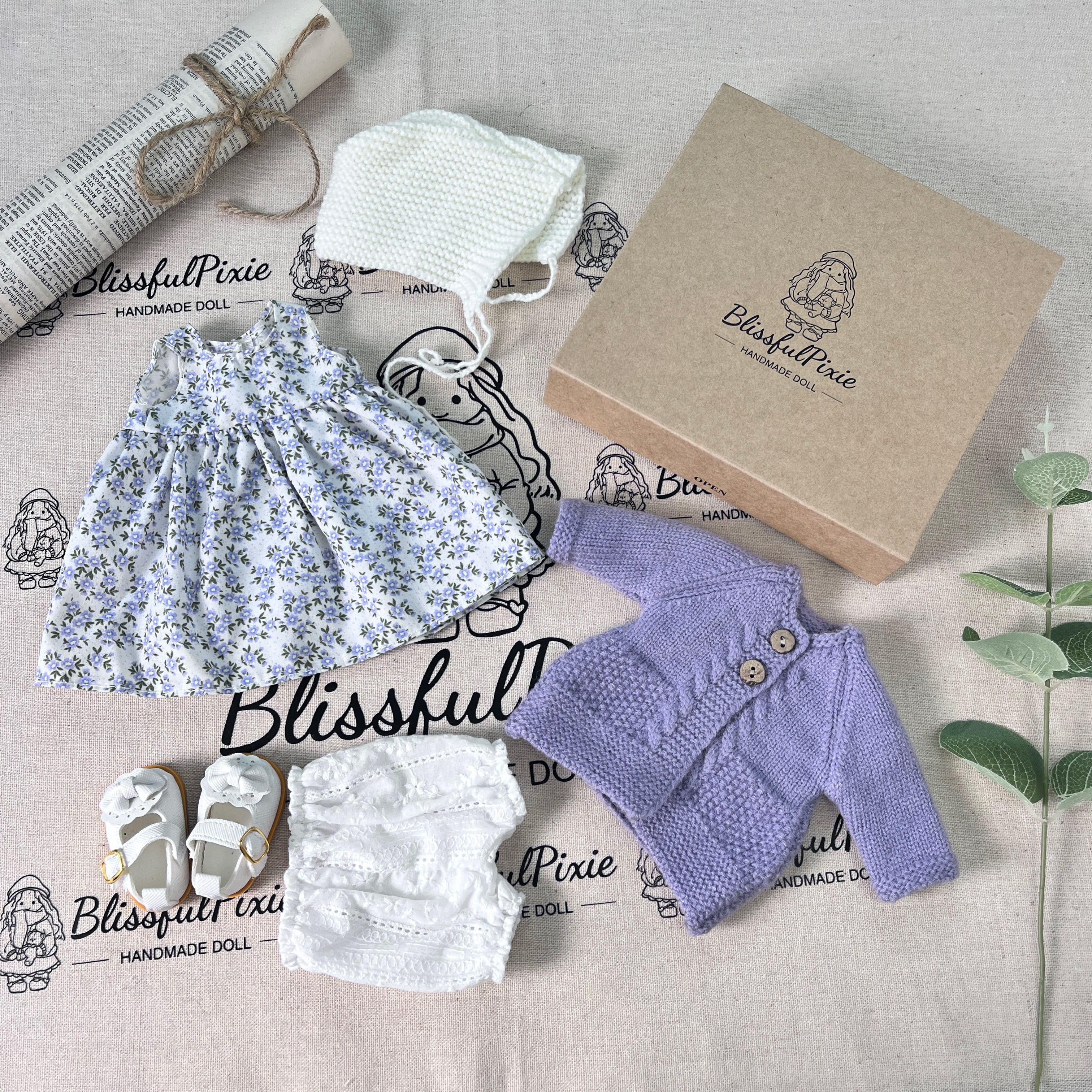 BlissfulPixie 12" Waldorf Handmade Doll Clothing Set Baby Girl Clothes Washable