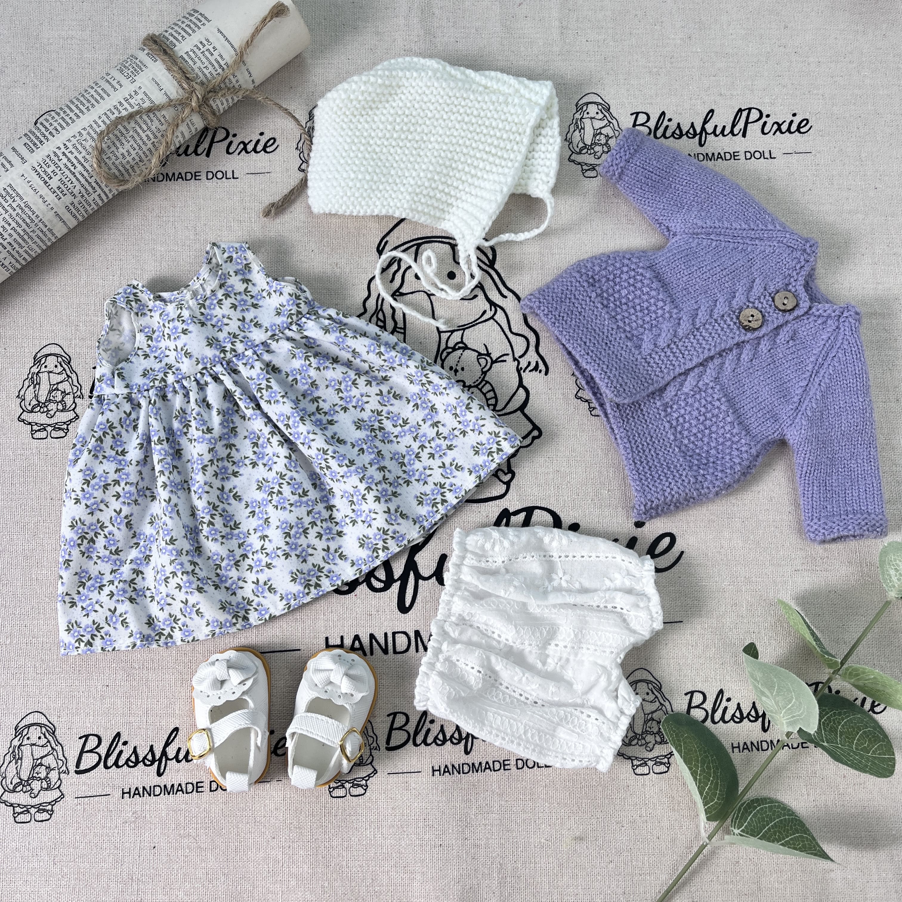 BlissfulPixie 12" Waldorf Handmade Doll Clothing Set Baby Girl Clothes Washable