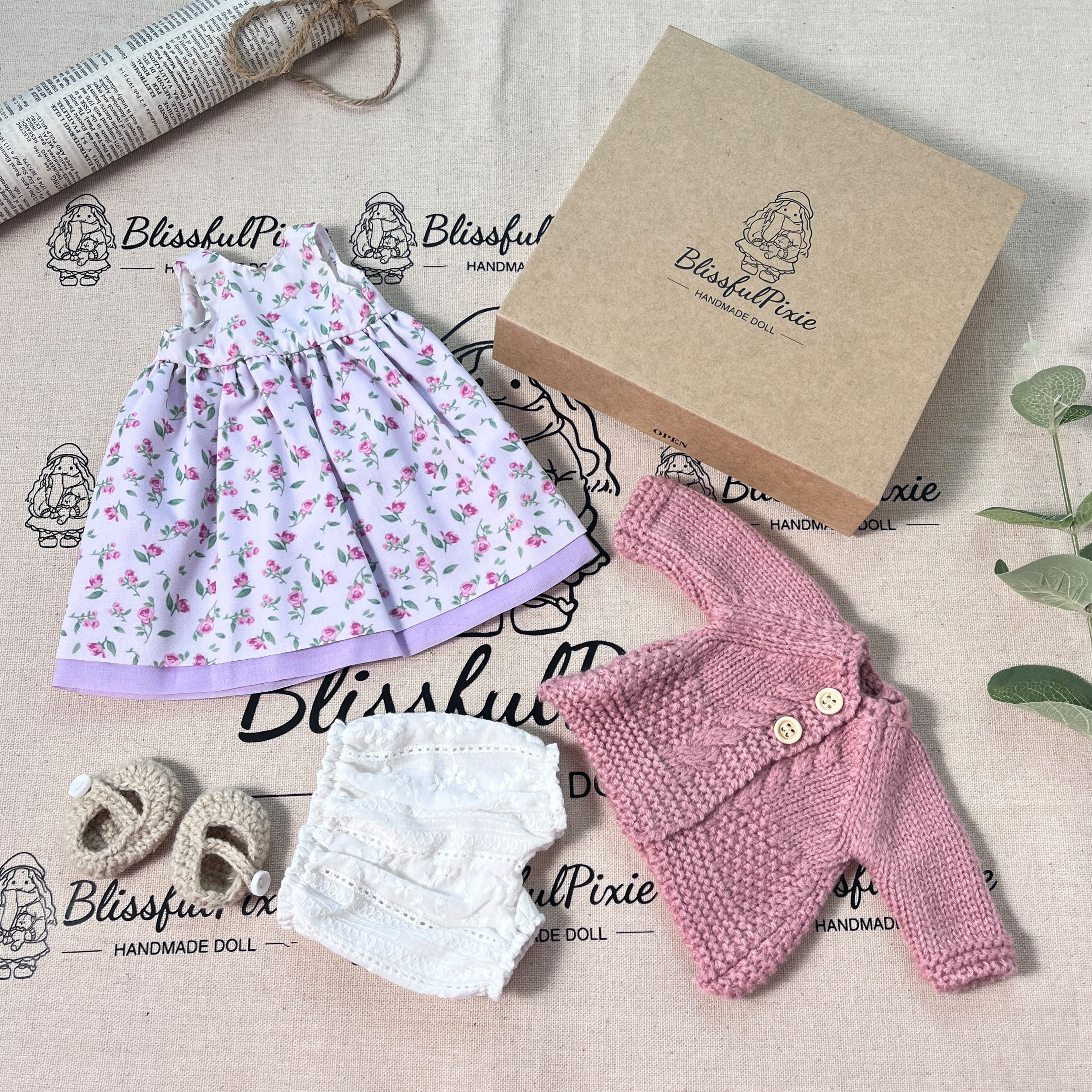 BlissfulPixie 12" Waldorf Handmade Doll Clothing Set Baby Girl Clothes Washable