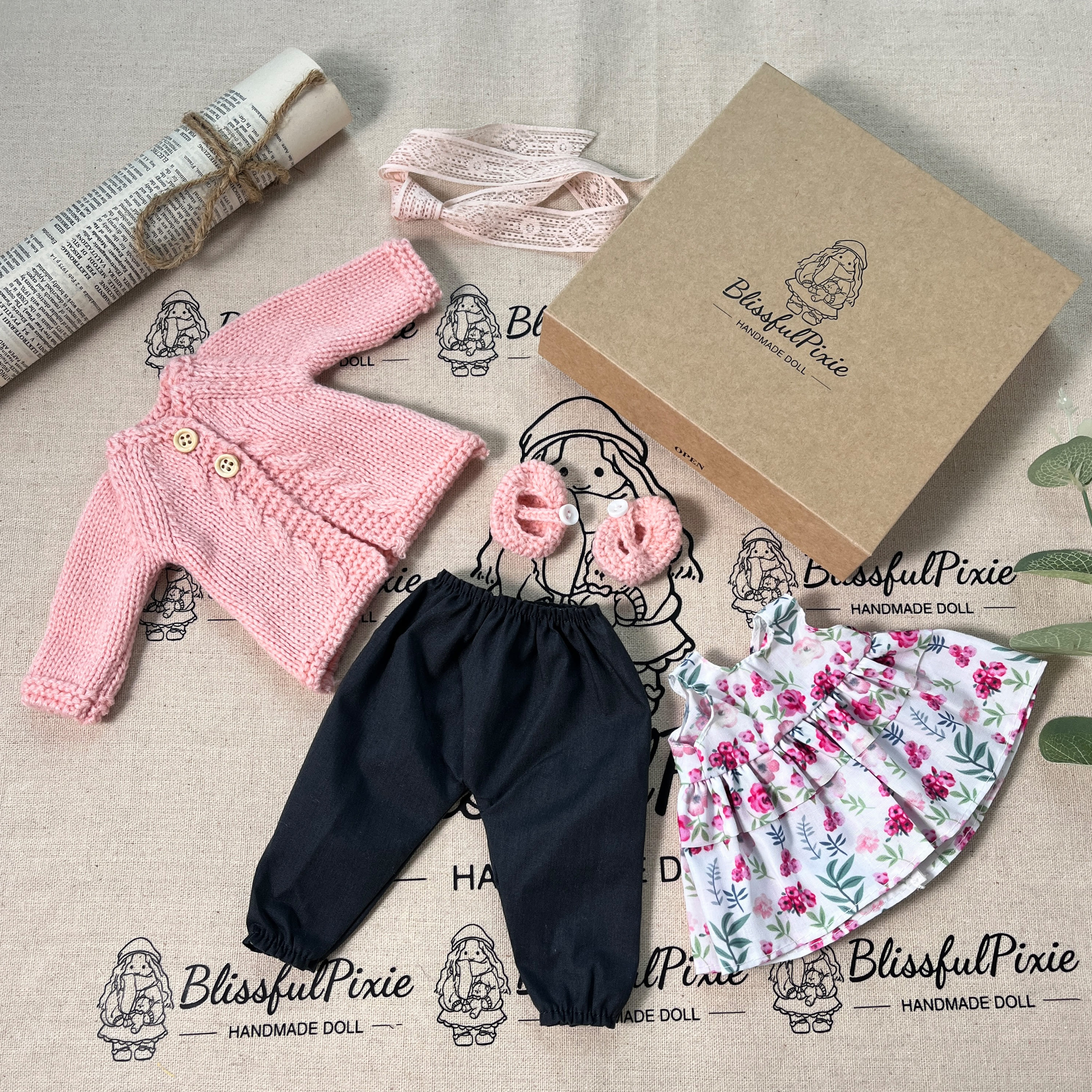 BlissfulPixie 12" Waldorf Handmade Doll Clothing Set Baby Girl Clothes Washable