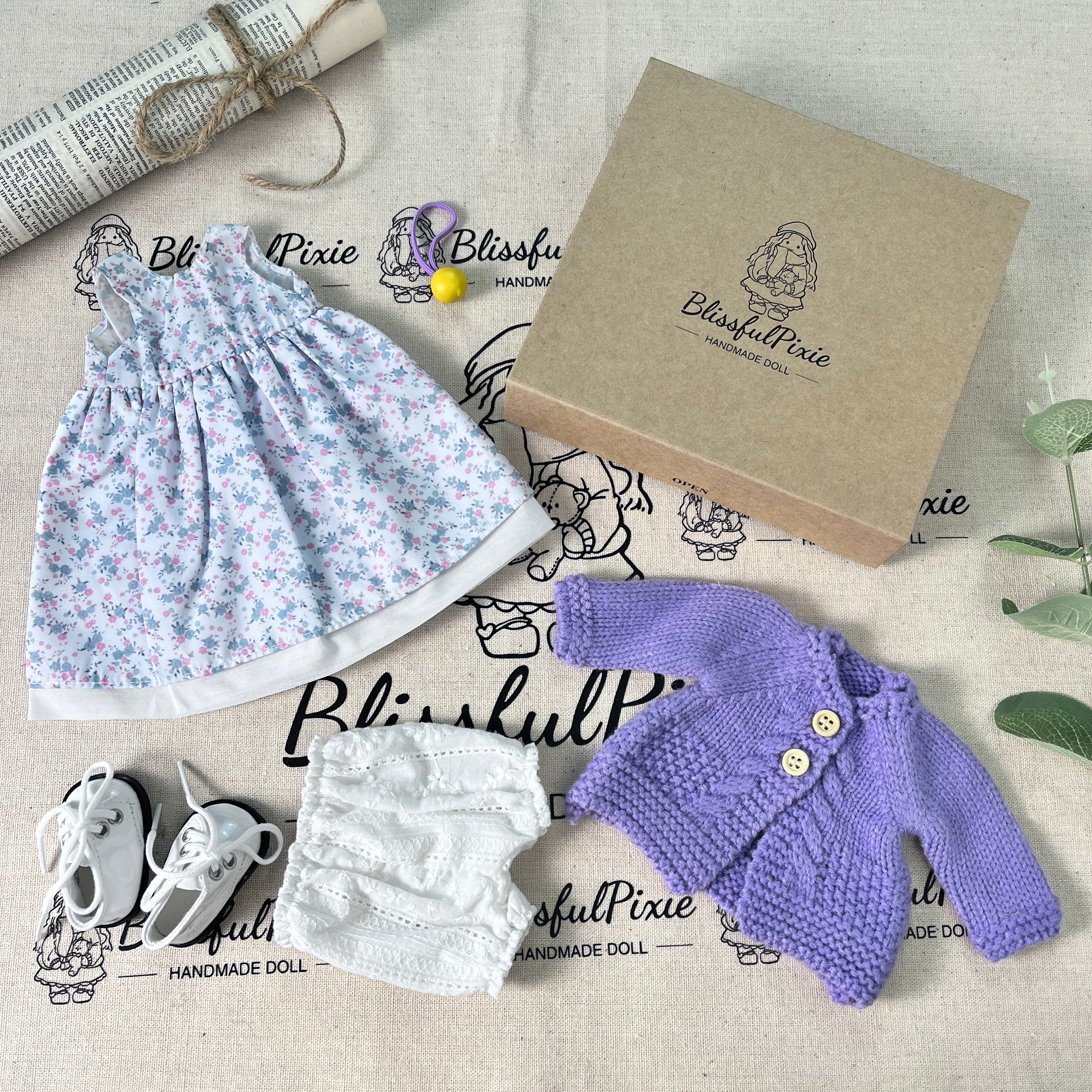 BlissfulPixie 12" Waldorf Handmade Doll Clothing Set Baby Girl Clothes Washable