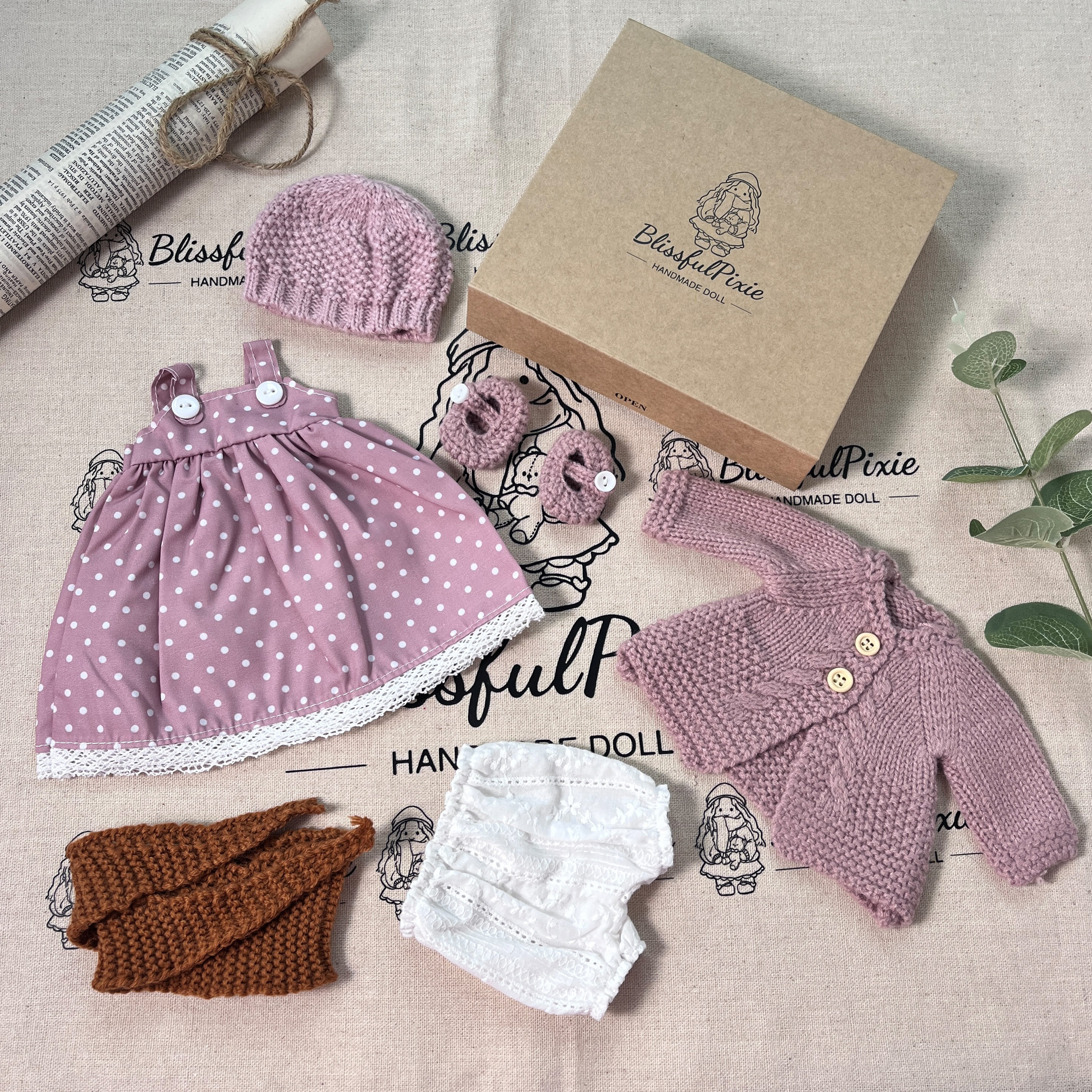 BlissfulPixie 12" Waldorf Handmade Doll Clothing Set Baby Girl Clothes Washable