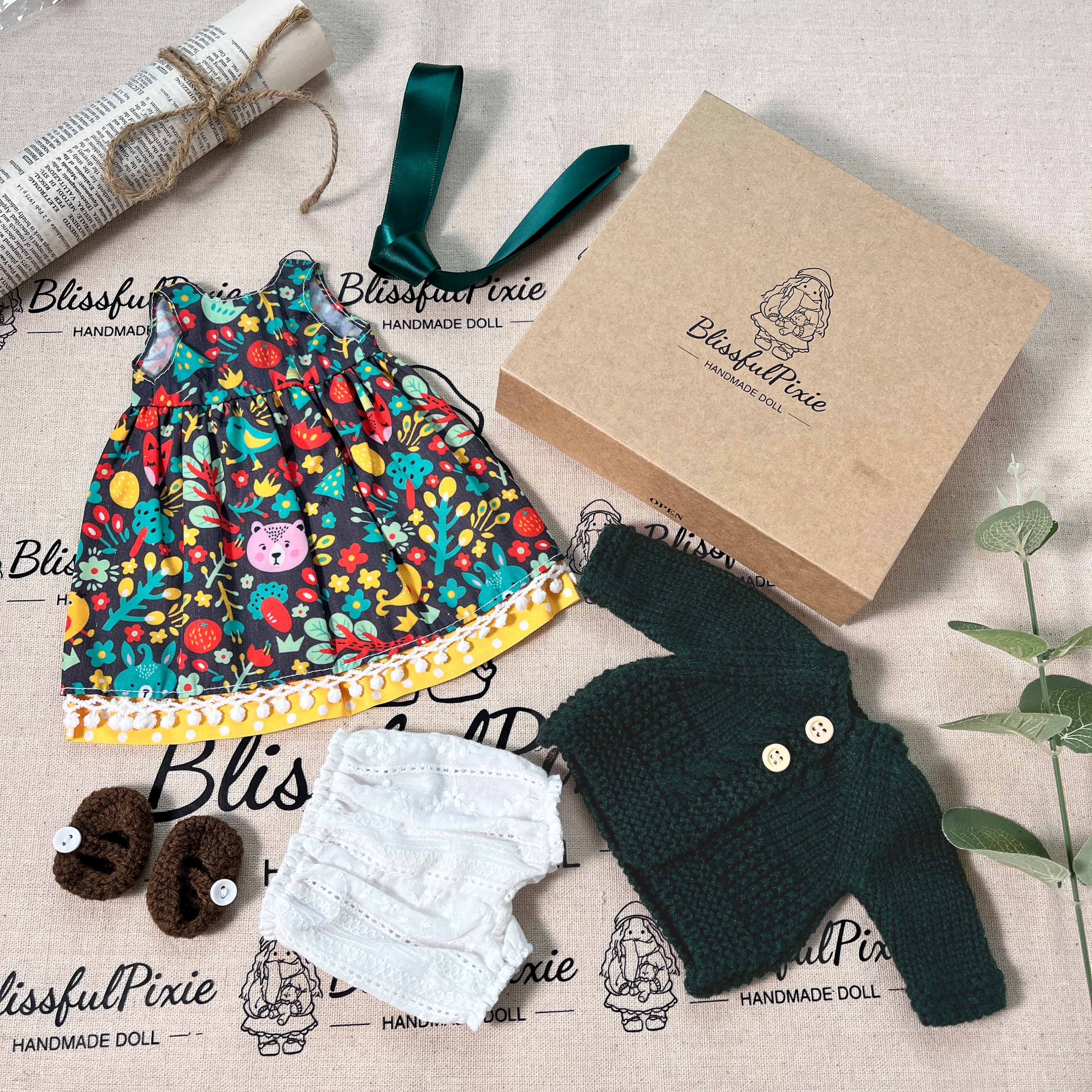 BlissfulPixie 12" Waldorf Handmade Doll Clothing Set Baby Girl Clothes Washable