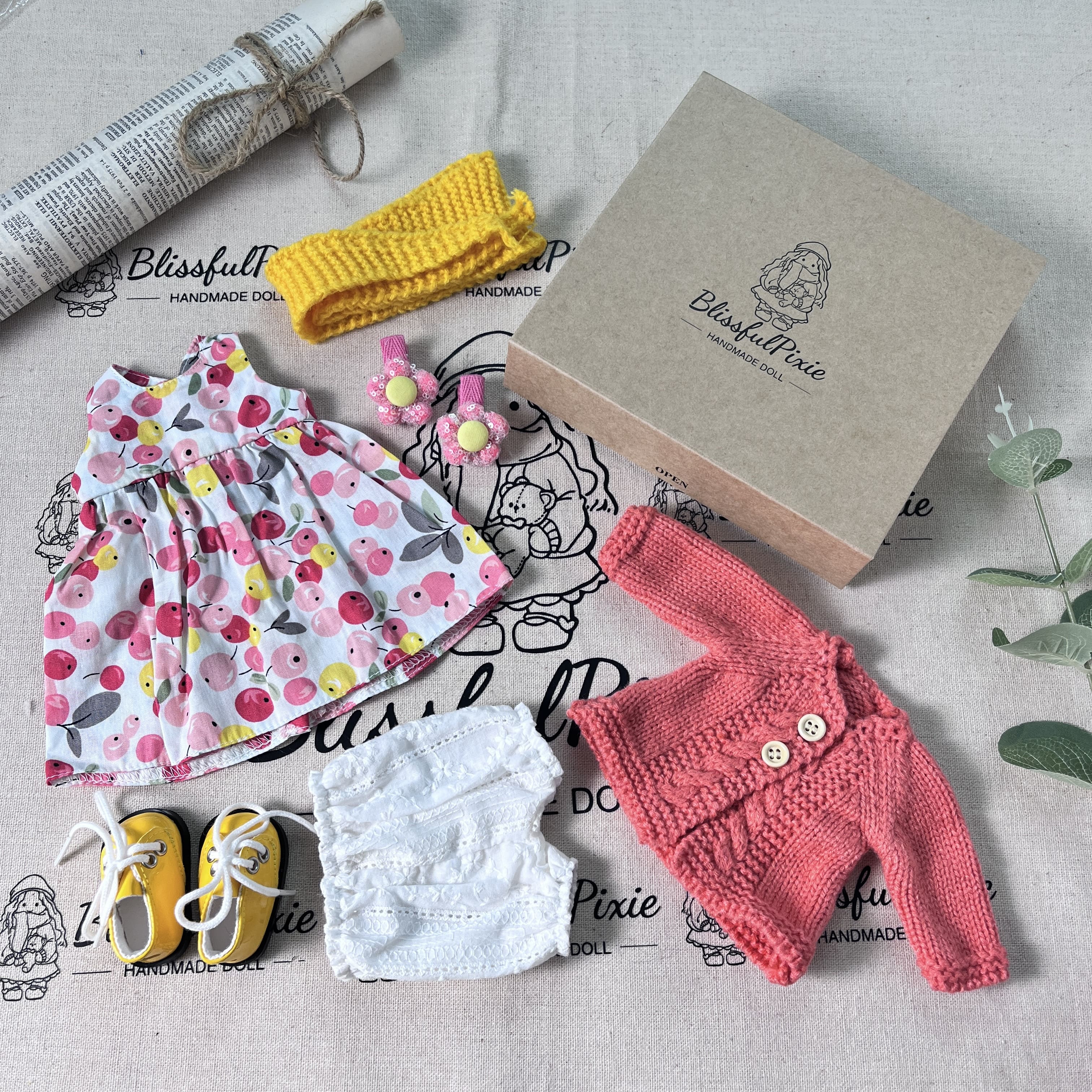 BlissfulPixie 12" Waldorf Handmade Doll Clothing Set Baby Girl Clothes Washable