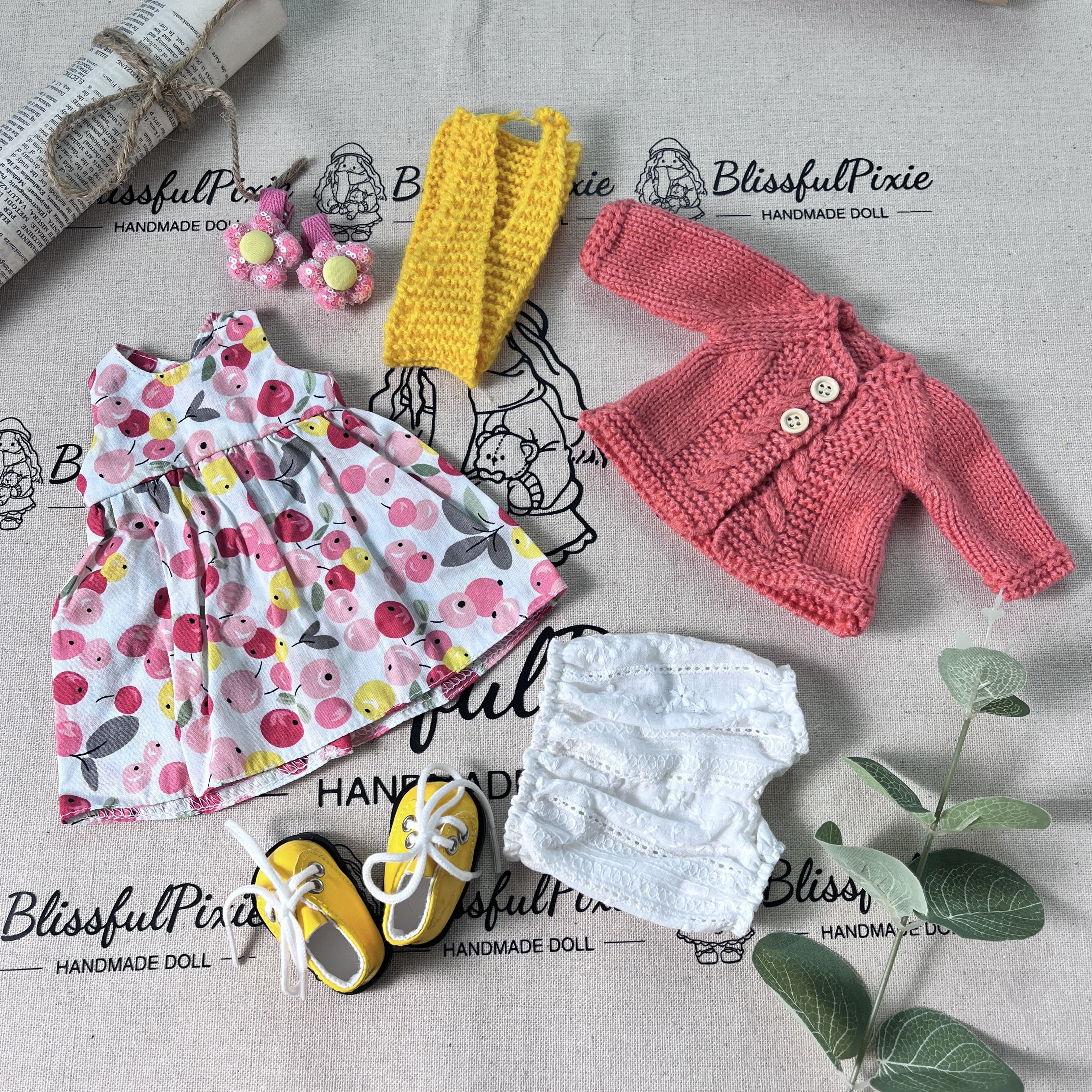 BlissfulPixie 12" Waldorf Handmade Doll Clothing Set Baby Girl Clothes Washable