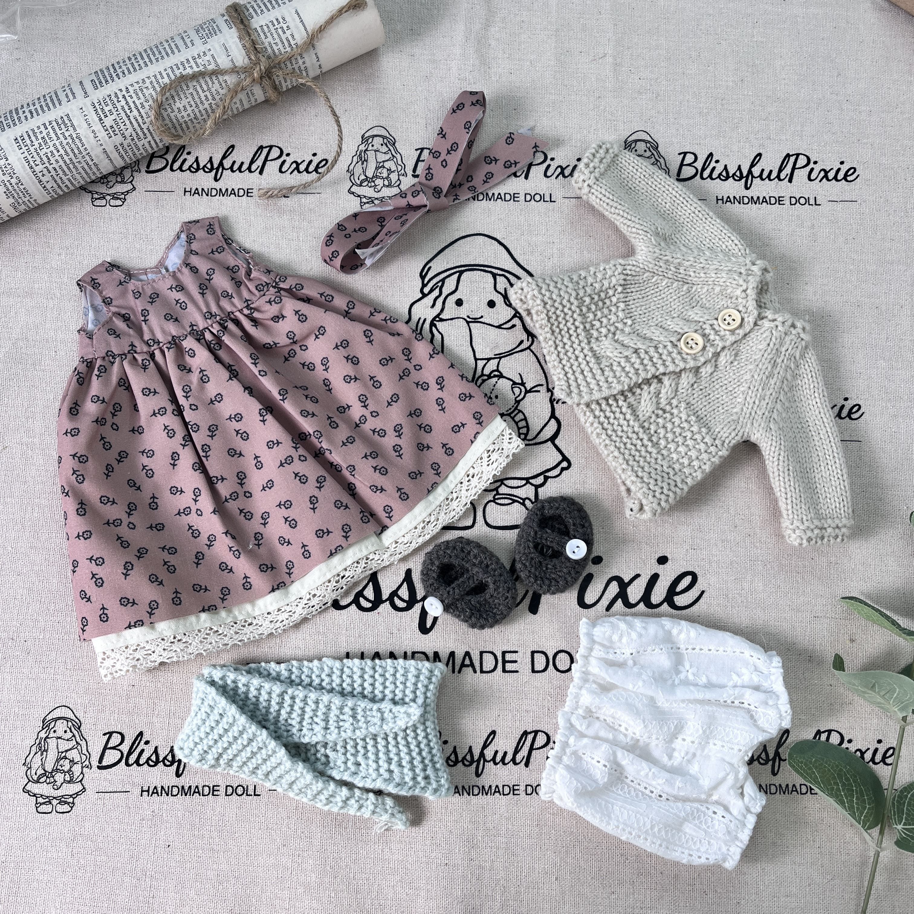 BlissfulPixie 12" Waldorf Handmade Doll Clothing Set Baby Girl Clothes Washable