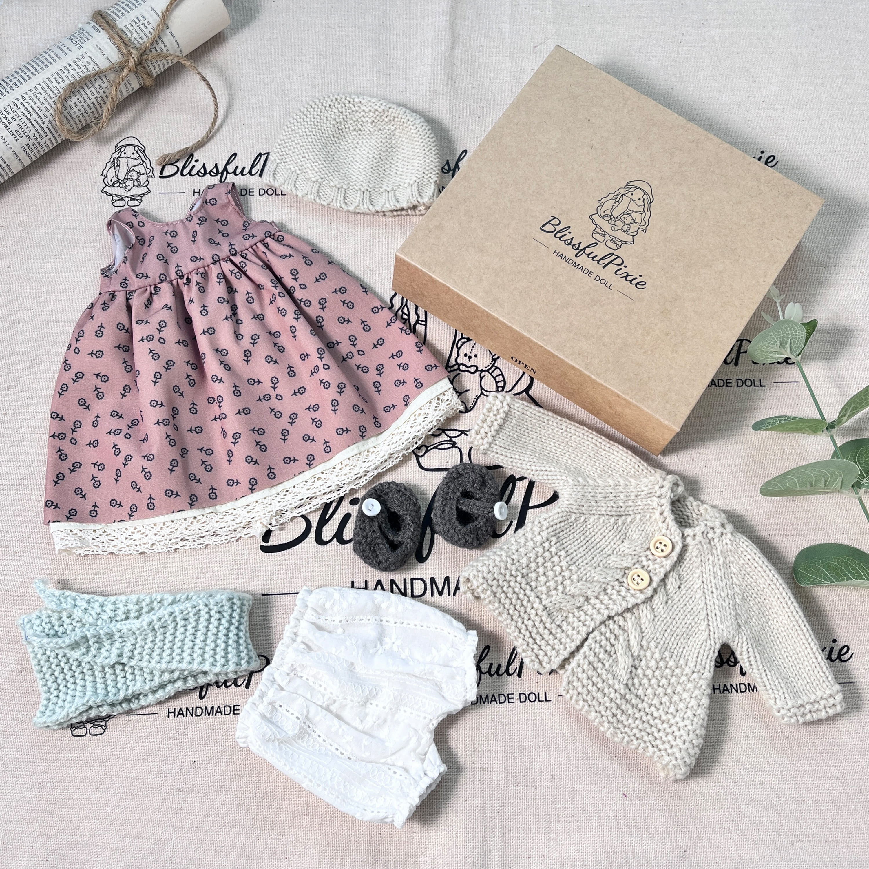 BlissfulPixie 12" Waldorf Handmade Doll Clothing Set Baby Girl Clothes Washable