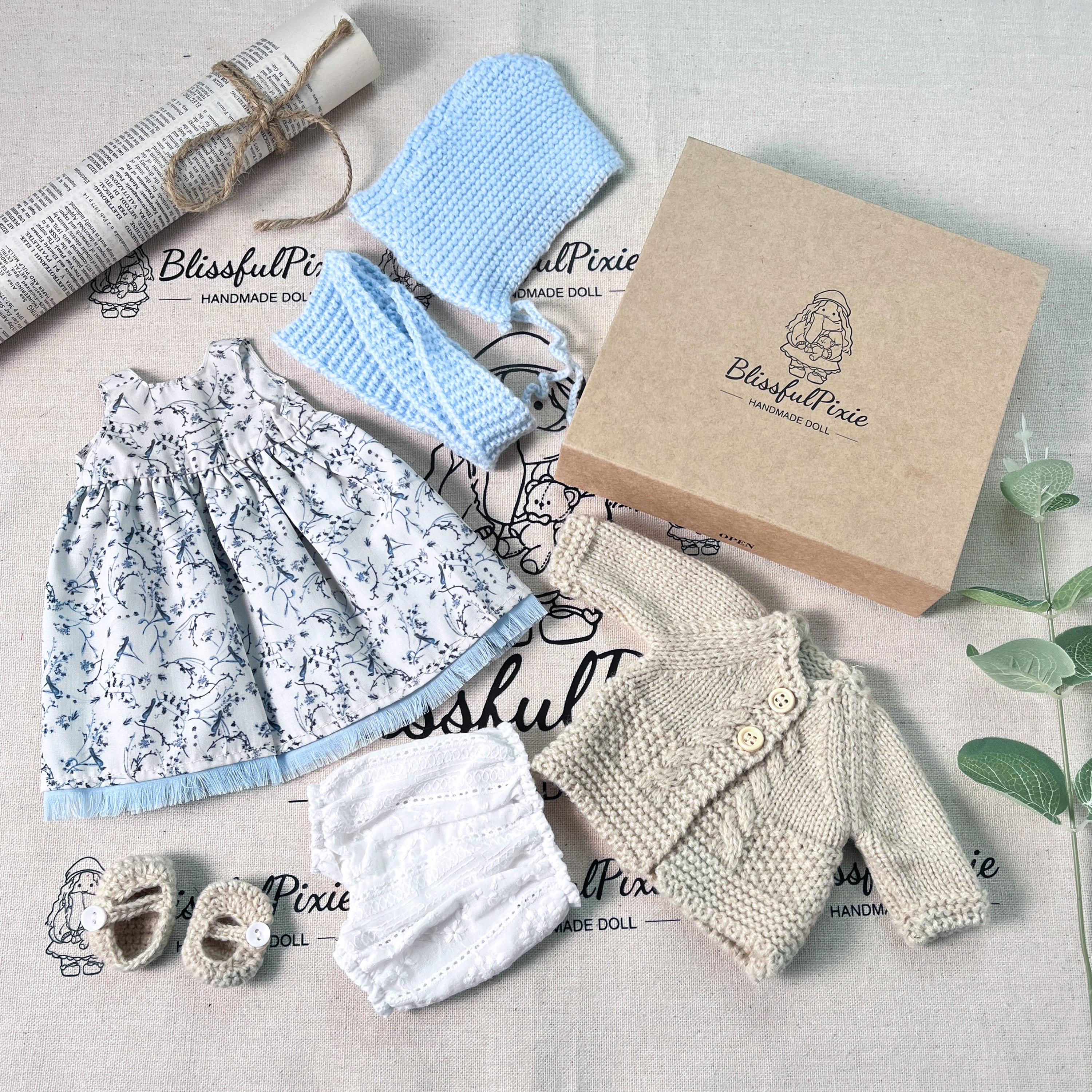 BlissfulPixie 12" Waldorf Handmade Doll Clothing Set Baby Girl Clothes Washable