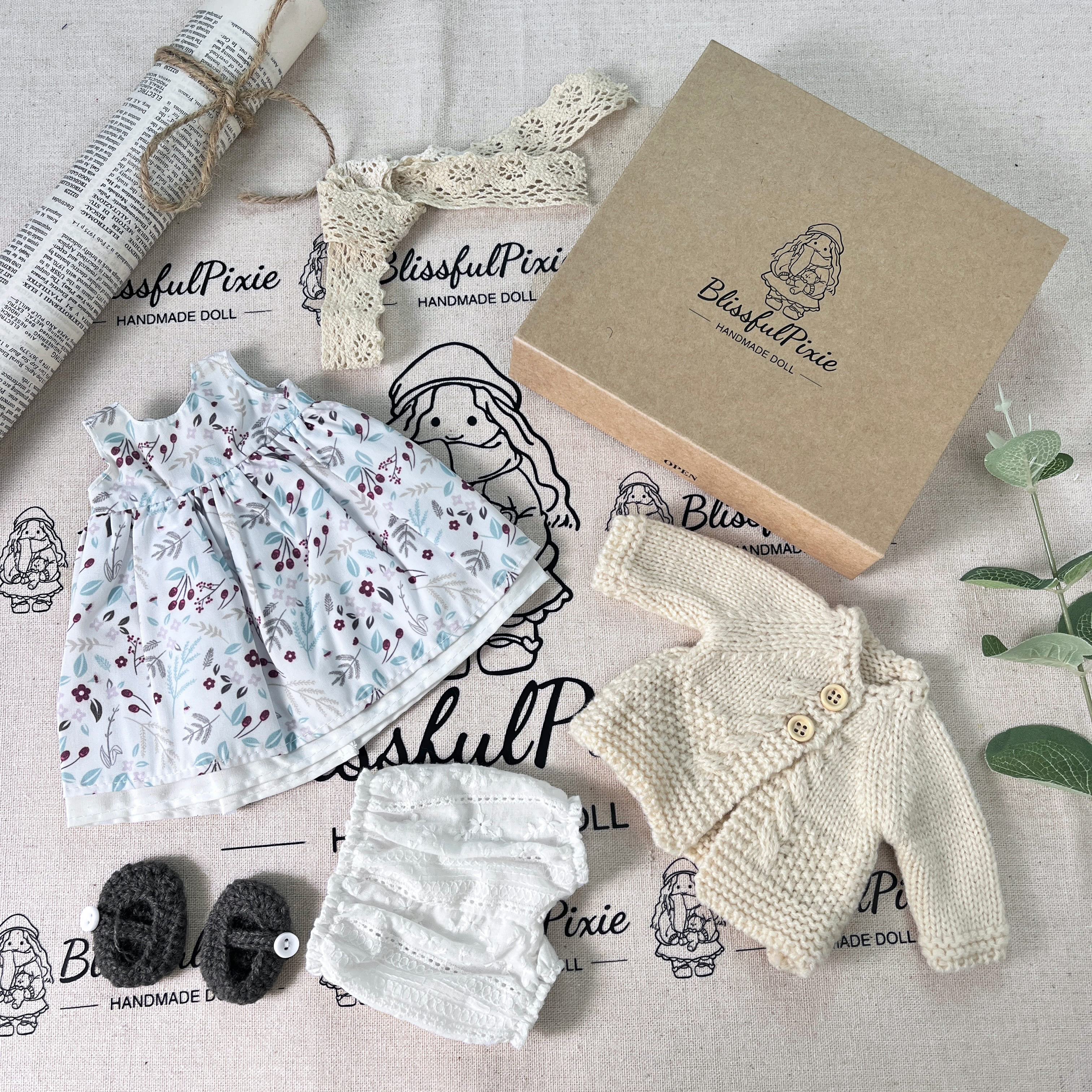 BlissfulPixie 12" Waldorf Handmade Doll Clothing Set Baby Girl Clothes Washable