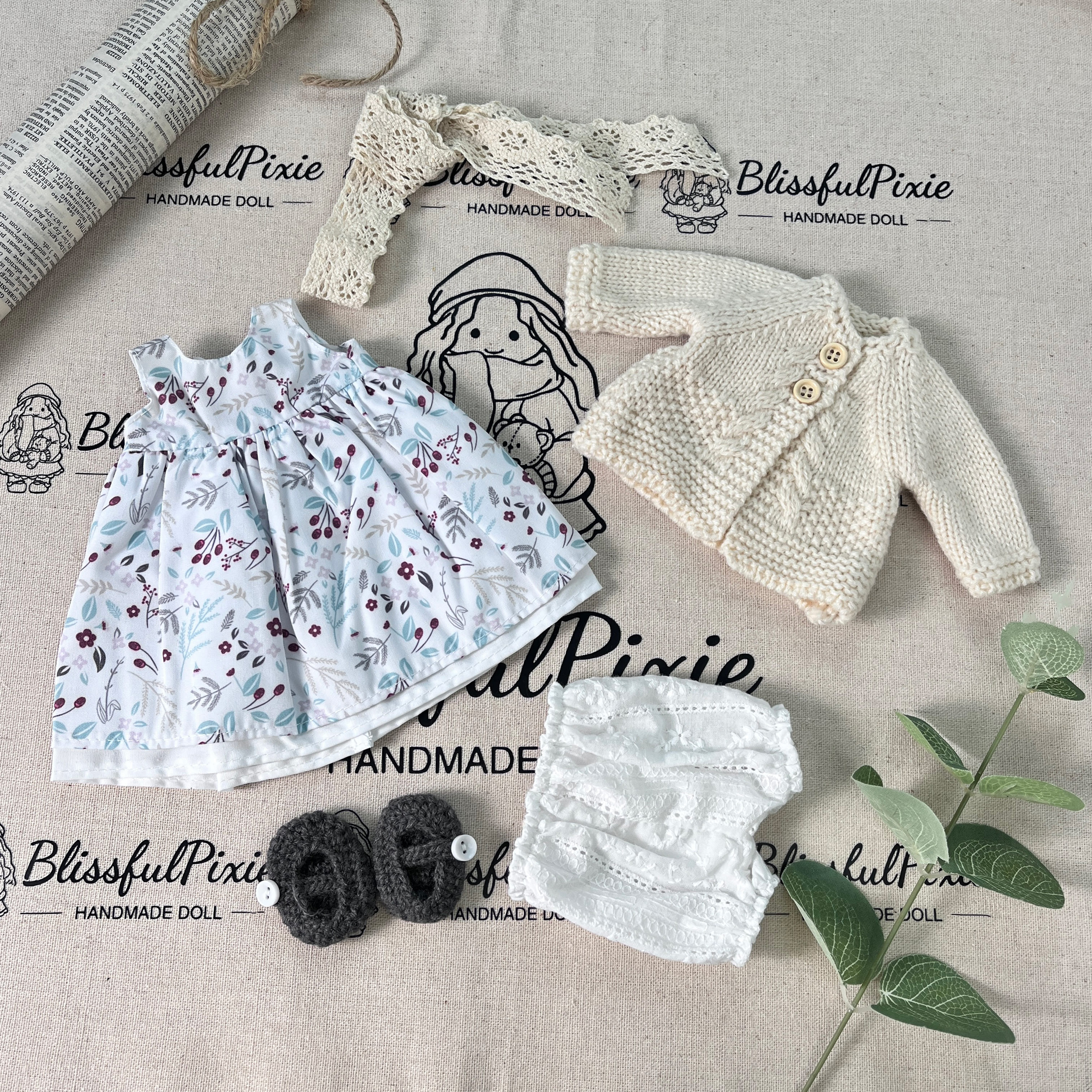 BlissfulPixie 12" Waldorf Handmade Doll Clothing Set Baby Girl Clothes Washable