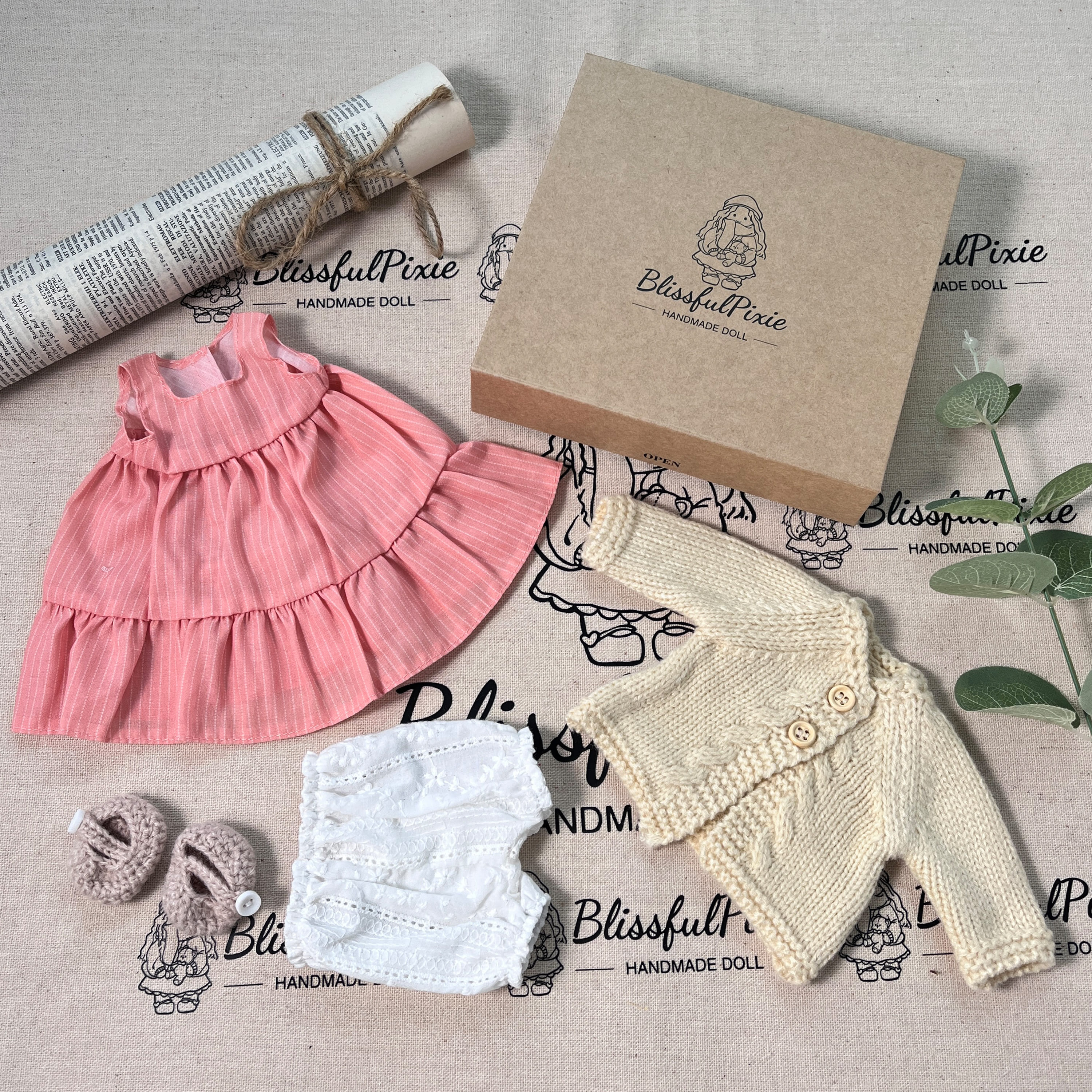 BlissfulPixie 12" Waldorf Handmade Doll Clothing Set Baby Girl Clothes Washable