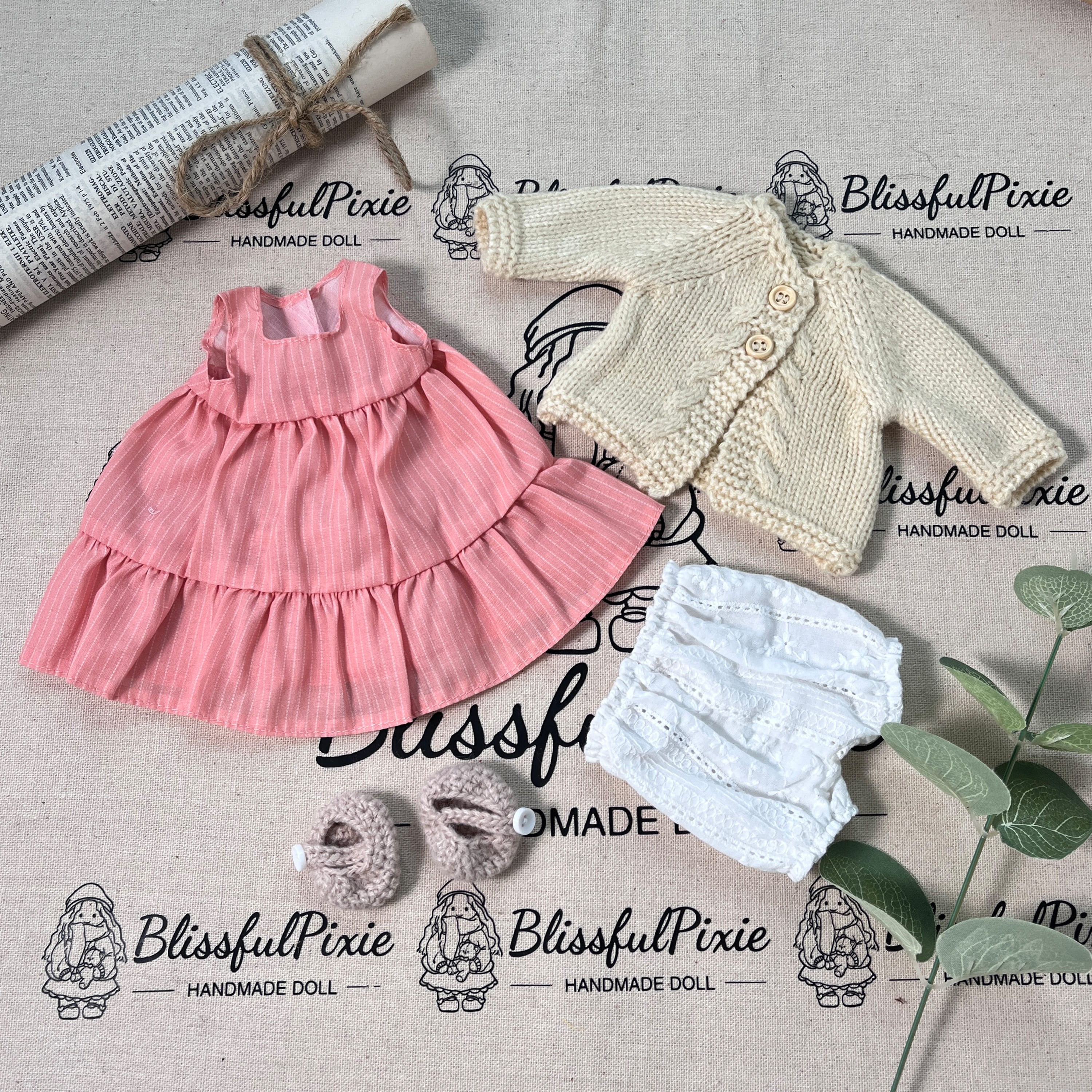 BlissfulPixie 12" Waldorf Handmade Doll Clothing Set Baby Girl Clothes Washable