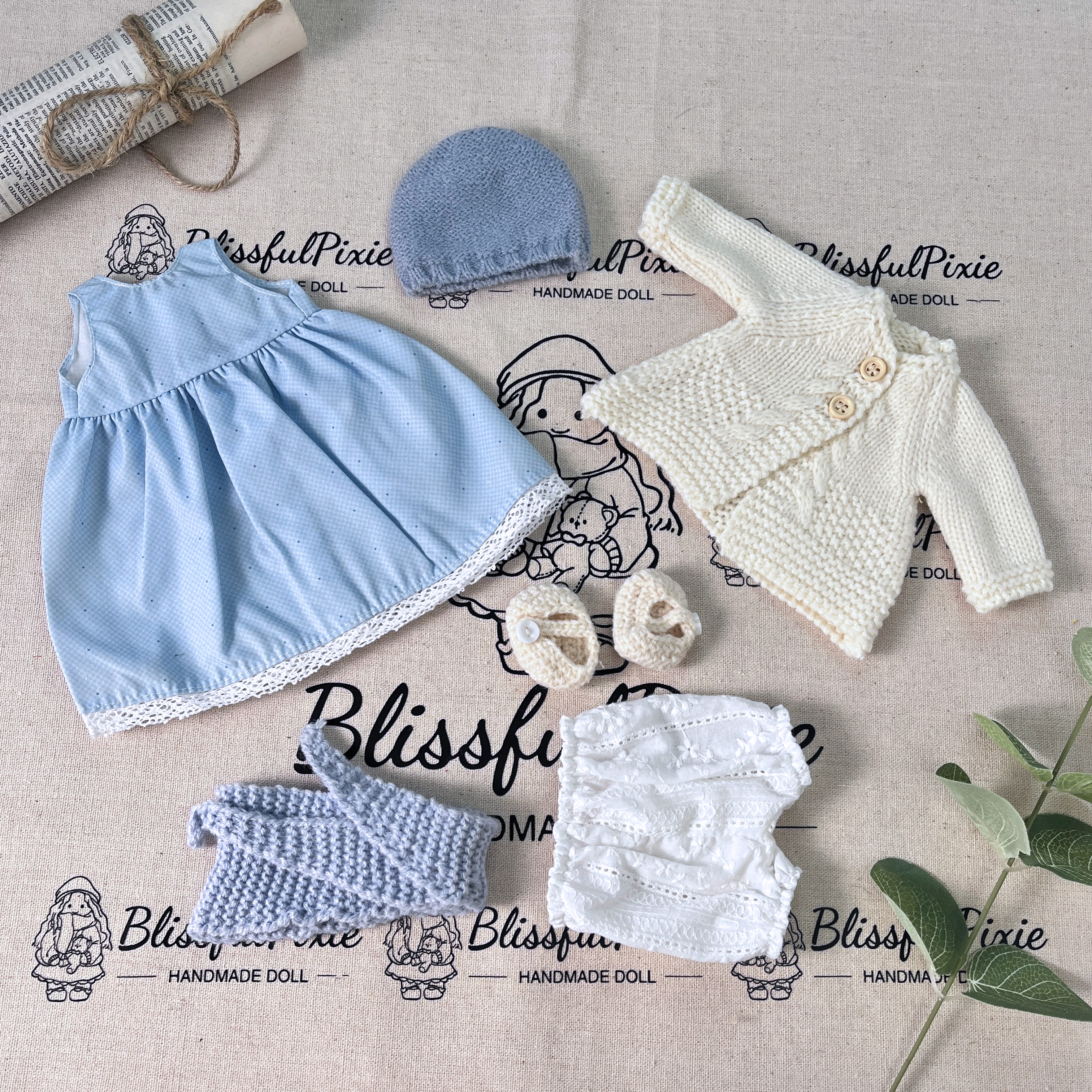 BlissfulPixie 12" Waldorf Handmade Doll Clothing Set Baby Girl Clothes Washable