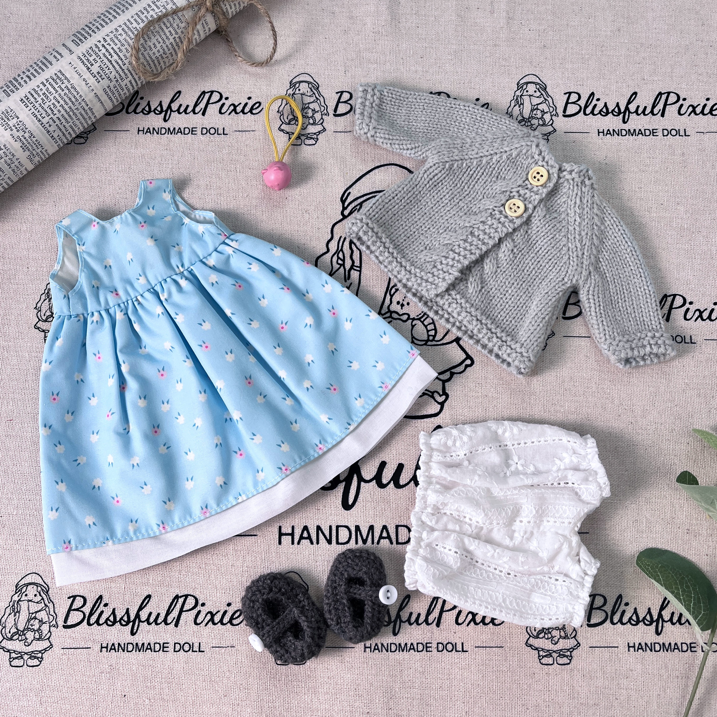 BlissfulPixie 12" Waldorf Handmade Doll Clothing Set Baby Girl Clothes Washable