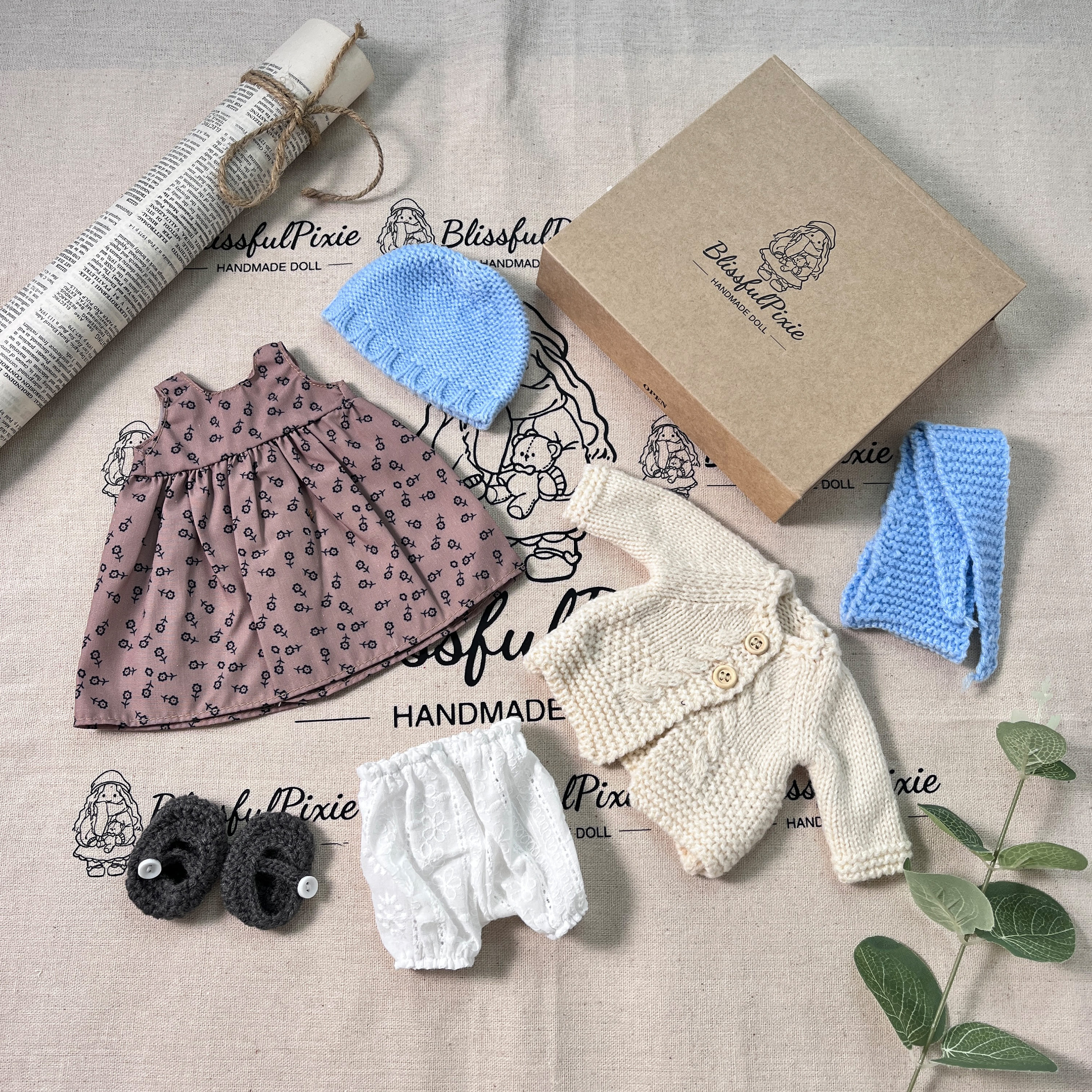 BlissfulPixie 12" Waldorf Handmade Doll Clothing Set Baby Girl Clothes Washable