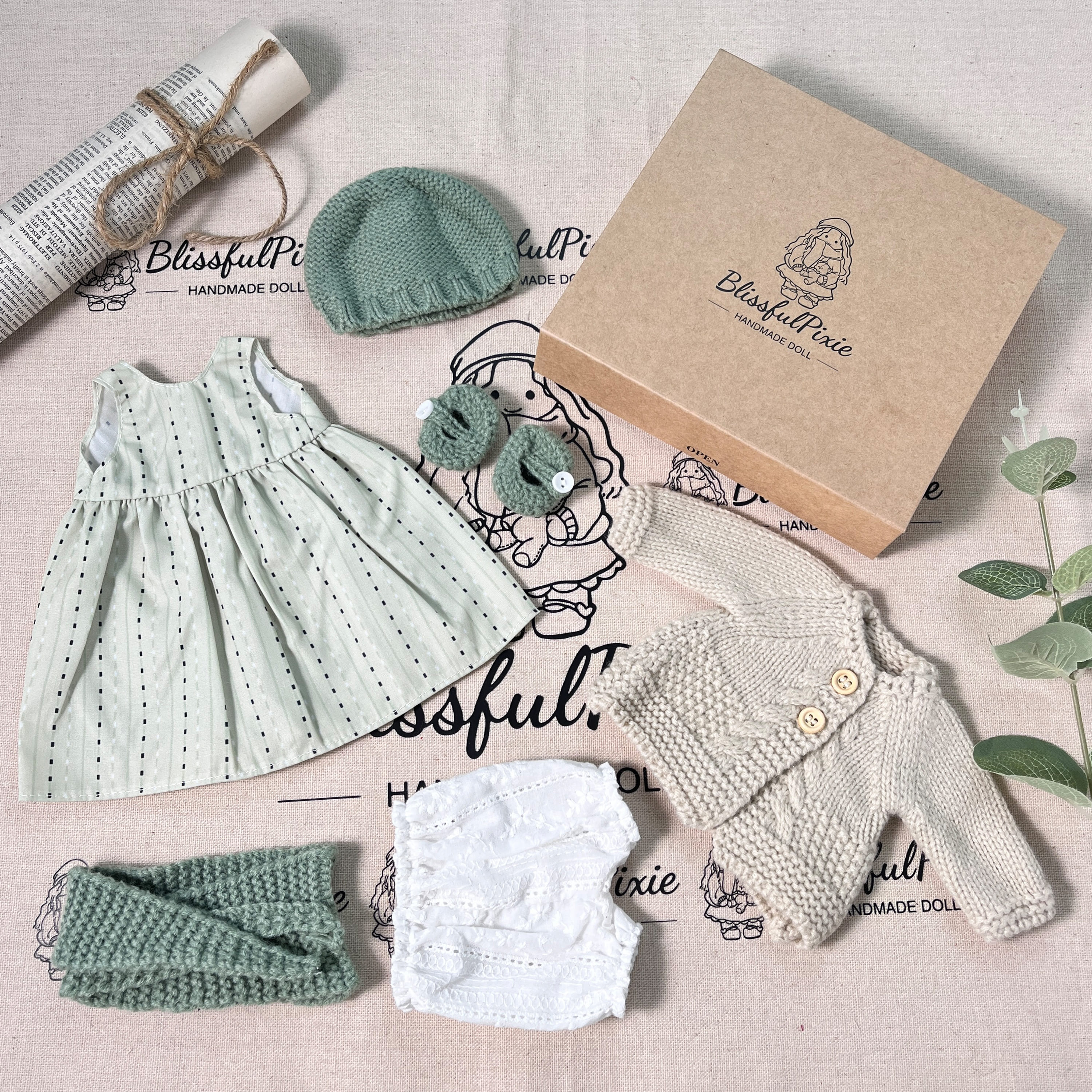 BlissfulPixie 12" Waldorf Handmade Doll Clothing Set Baby Girl Clothes Washable