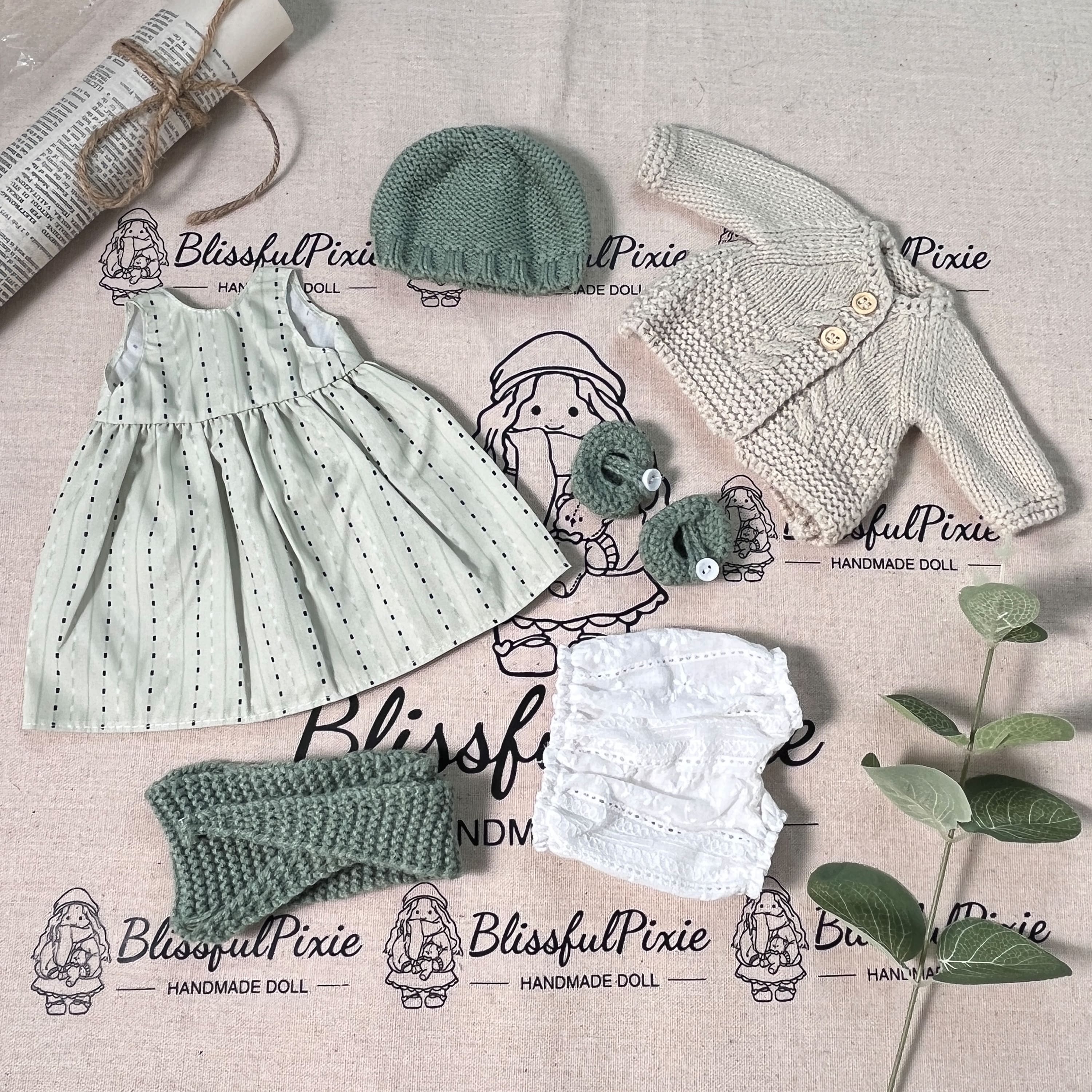 BlissfulPixie 12" Waldorf Handmade Doll Clothing Set Baby Girl Clothes Washable