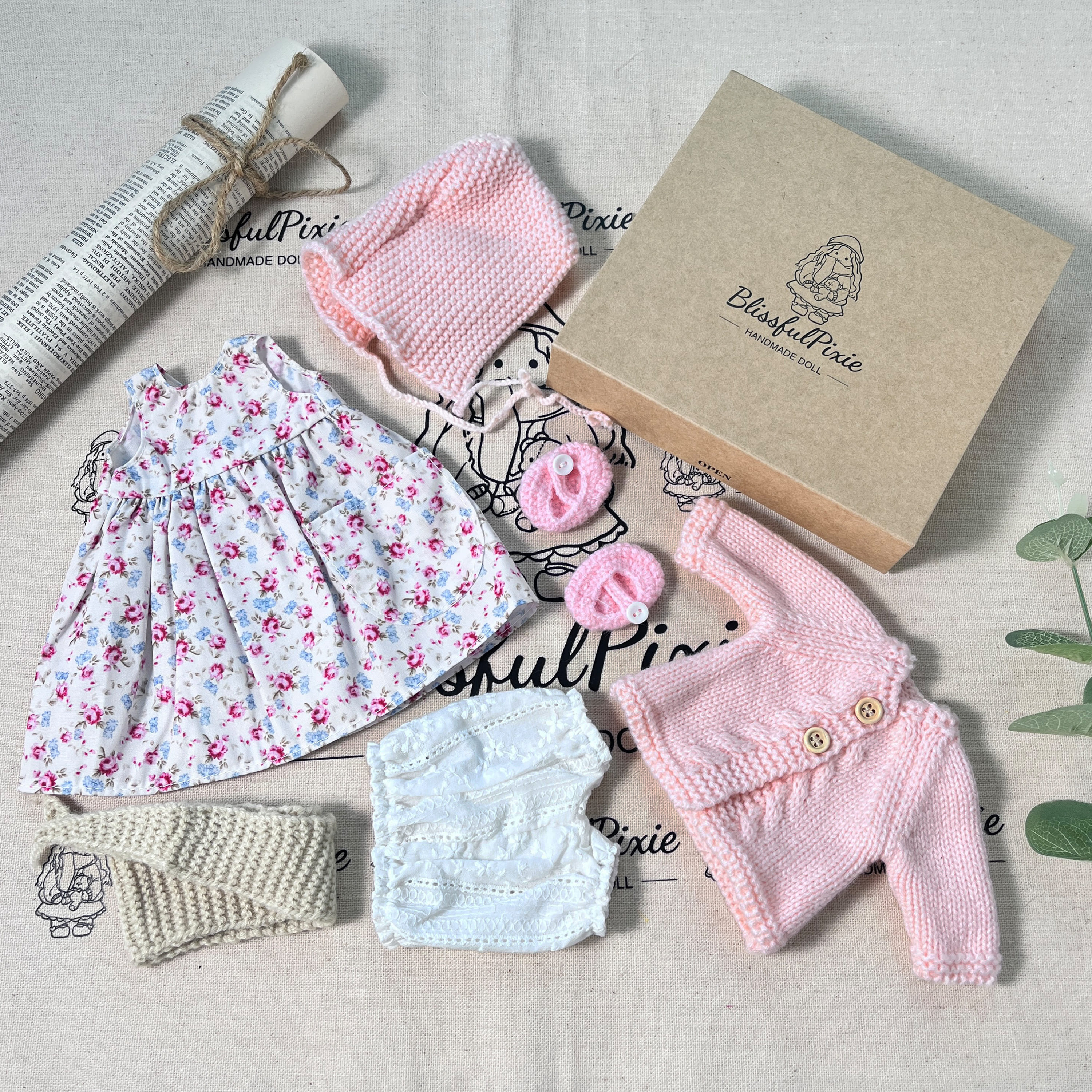 BlissfulPixie 12" Waldorf Handmade Doll Clothing Set Baby Girl Clothes Washable