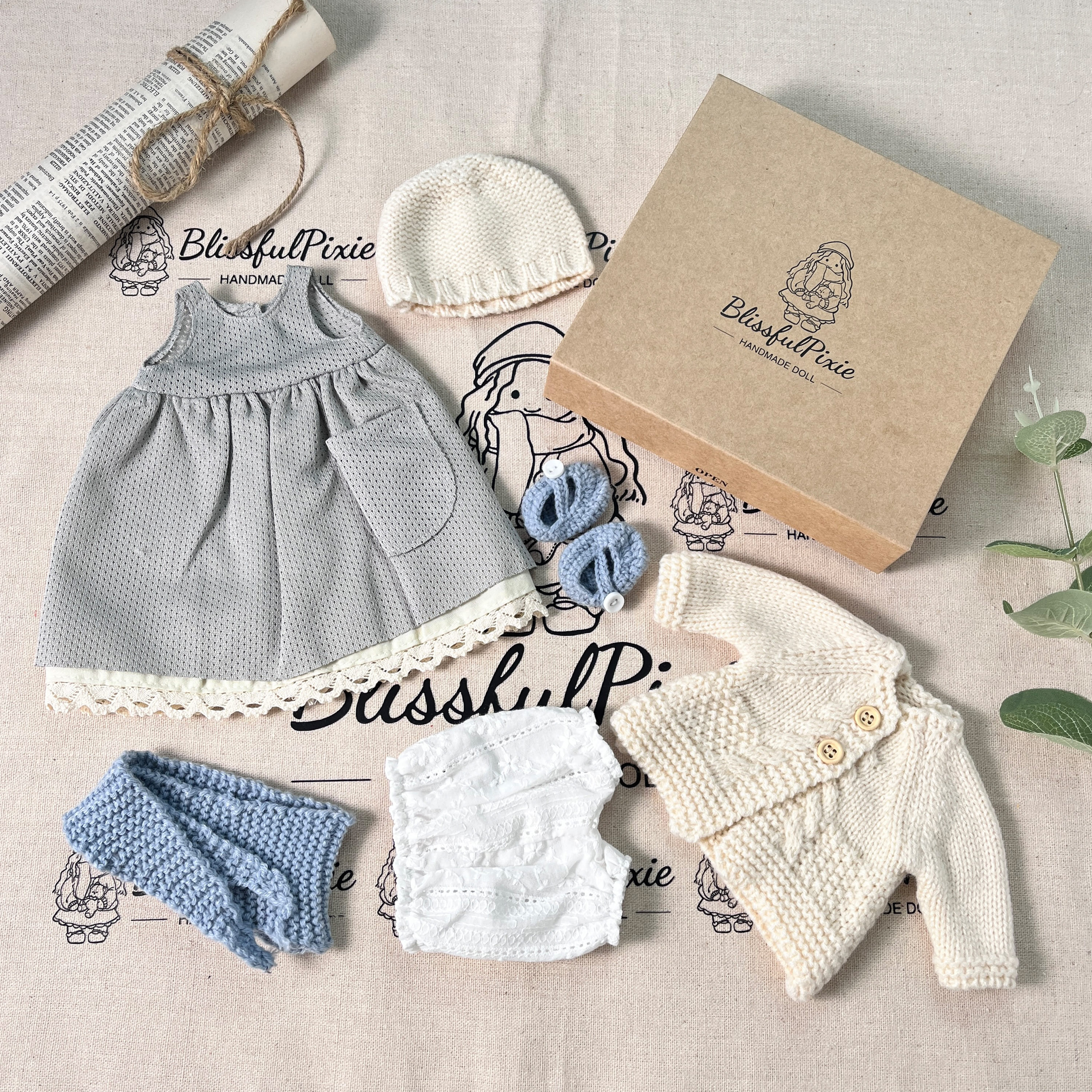 BlissfulPixie 12" Waldorf Handmade Doll Clothing Set Baby Girl Clothes Washable