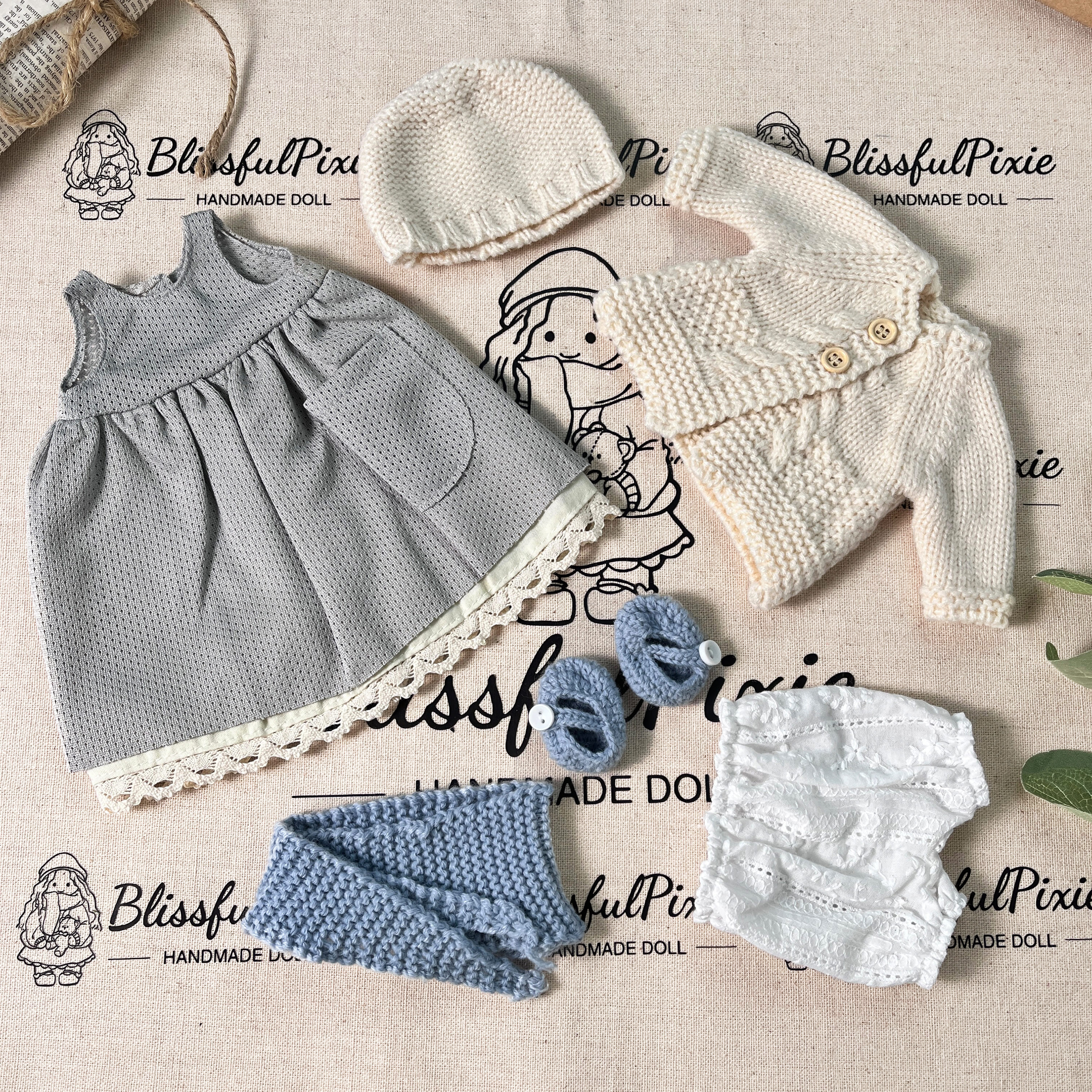 BlissfulPixie 12" Waldorf Handmade Doll Clothing Set Baby Girl Clothes Washable