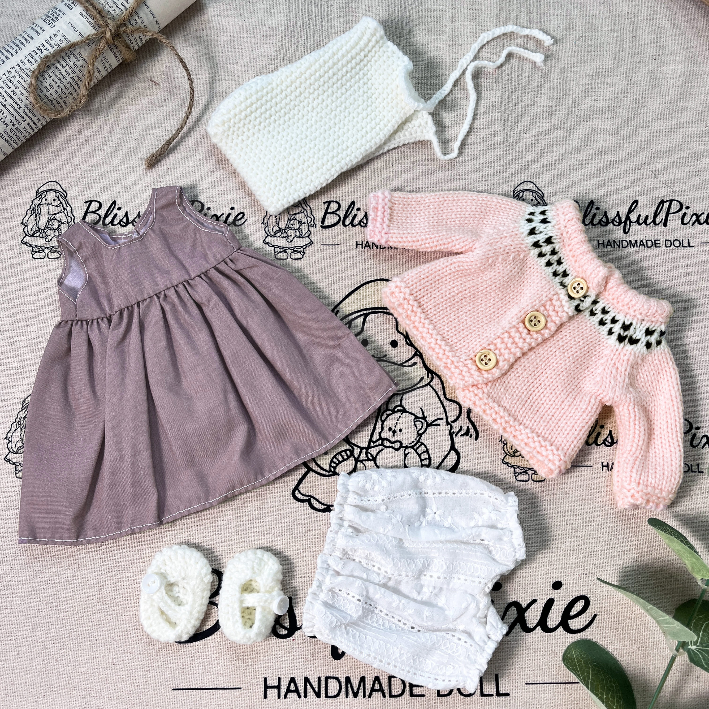 BlissfulPixie 12" Waldorf Handmade Doll Clothing Set Baby Girl Clothes Washable
