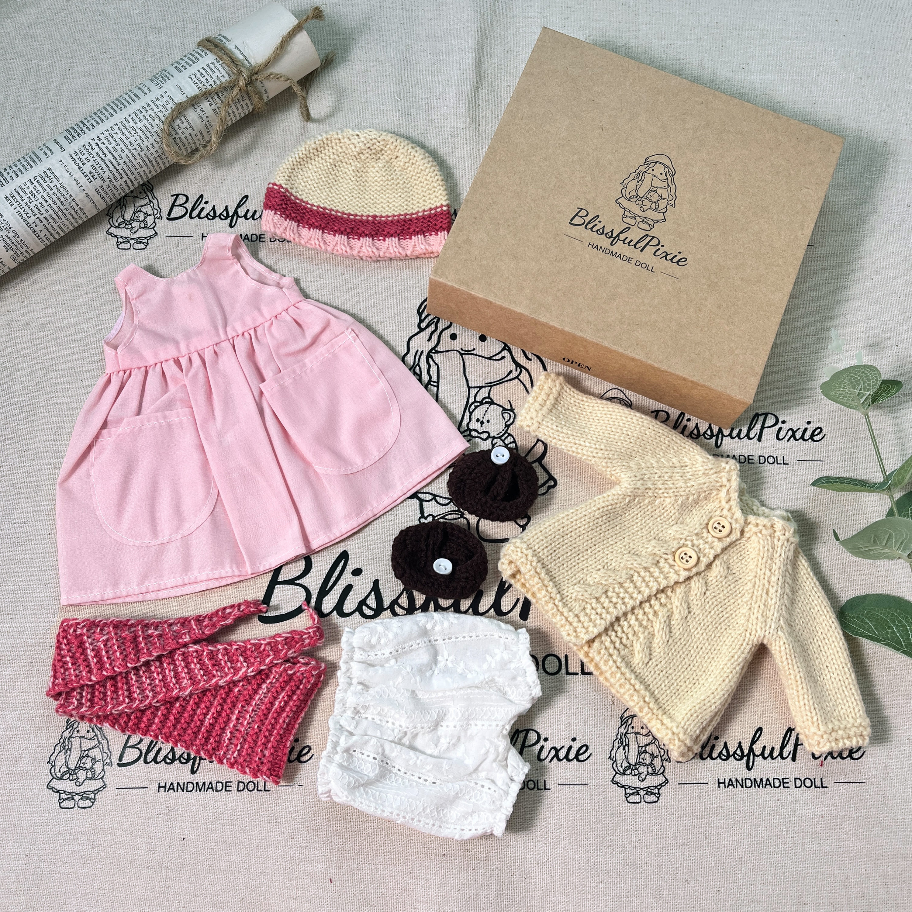 BlissfulPixie 12" Waldorf Handmade Doll Clothing Set Baby Girl Clothes Washable