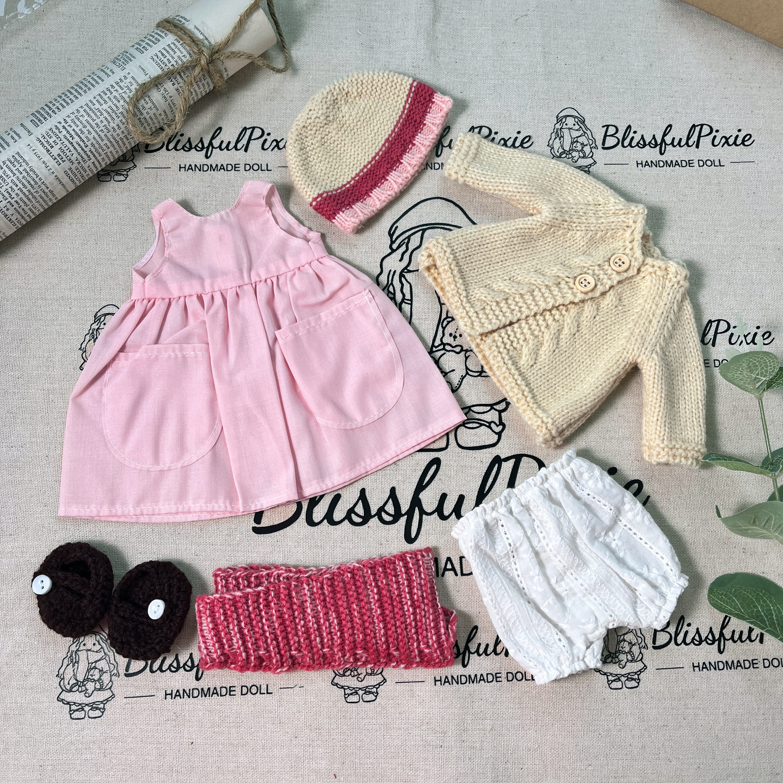BlissfulPixie 12" Waldorf Handmade Doll Clothing Set Baby Girl Clothes Washable