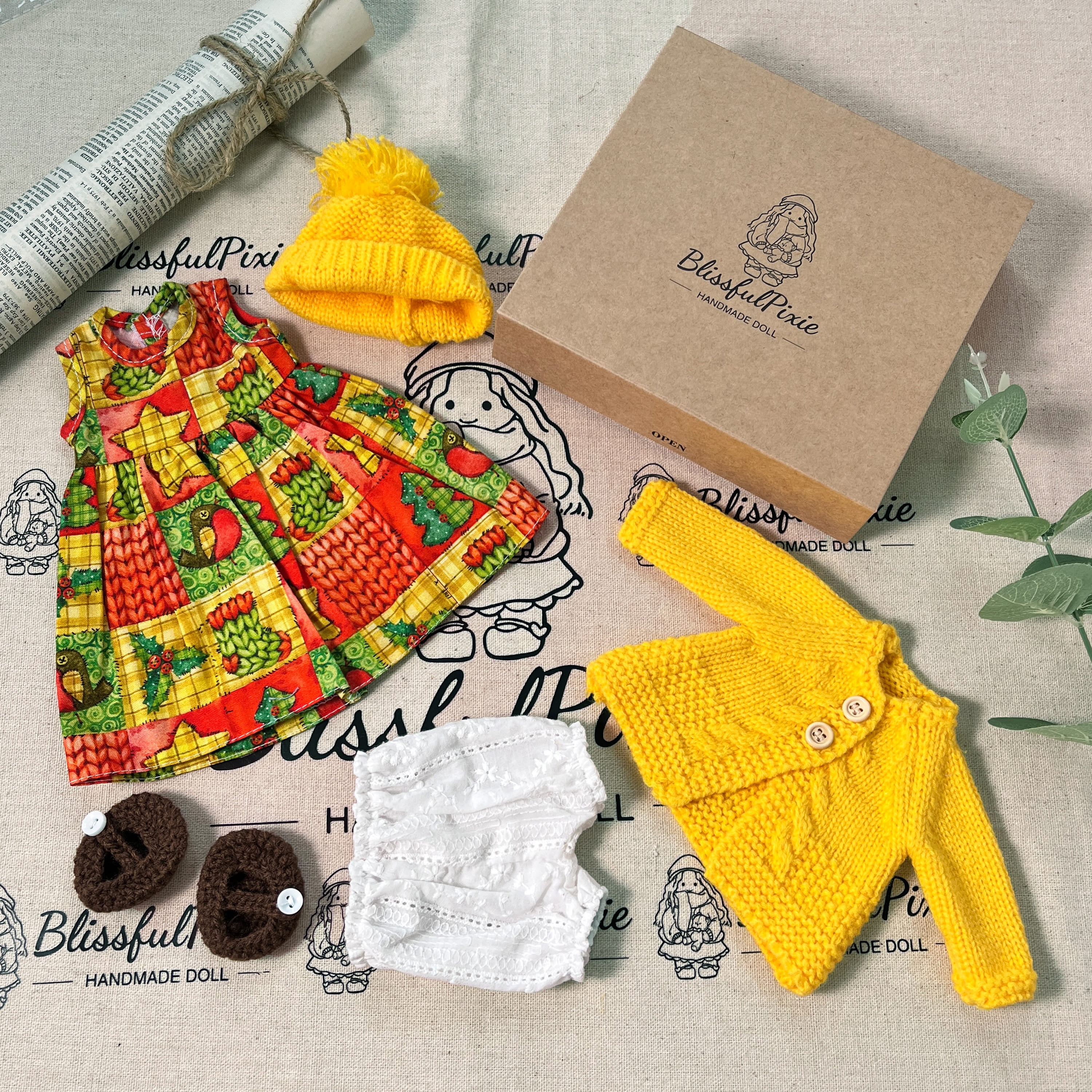 BlissfulPixie 12" Waldorf Handmade Doll Clothing Set Baby Girl Clothes Washable