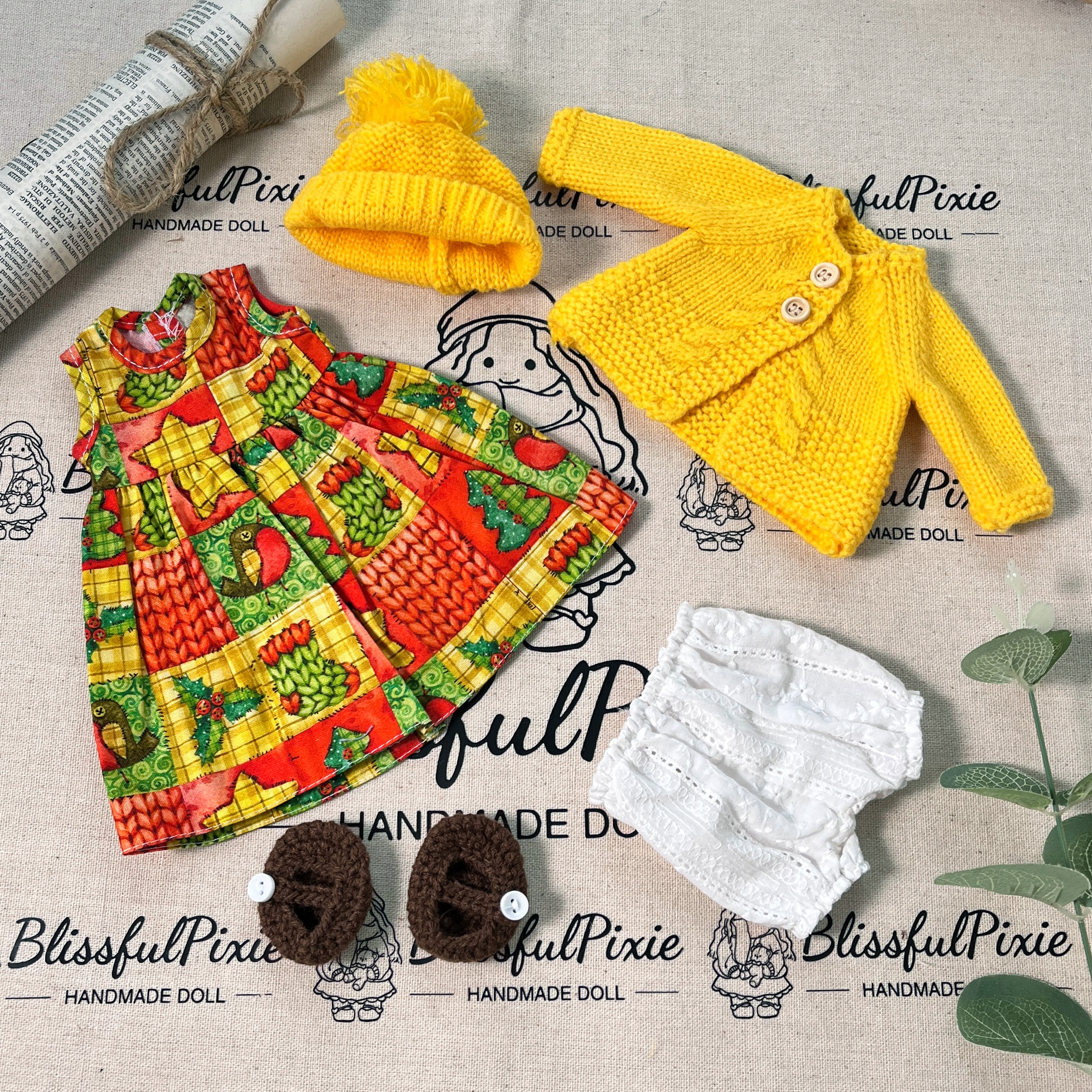 BlissfulPixie 12" Waldorf Handmade Doll Clothing Set Baby Girl Clothes Washable