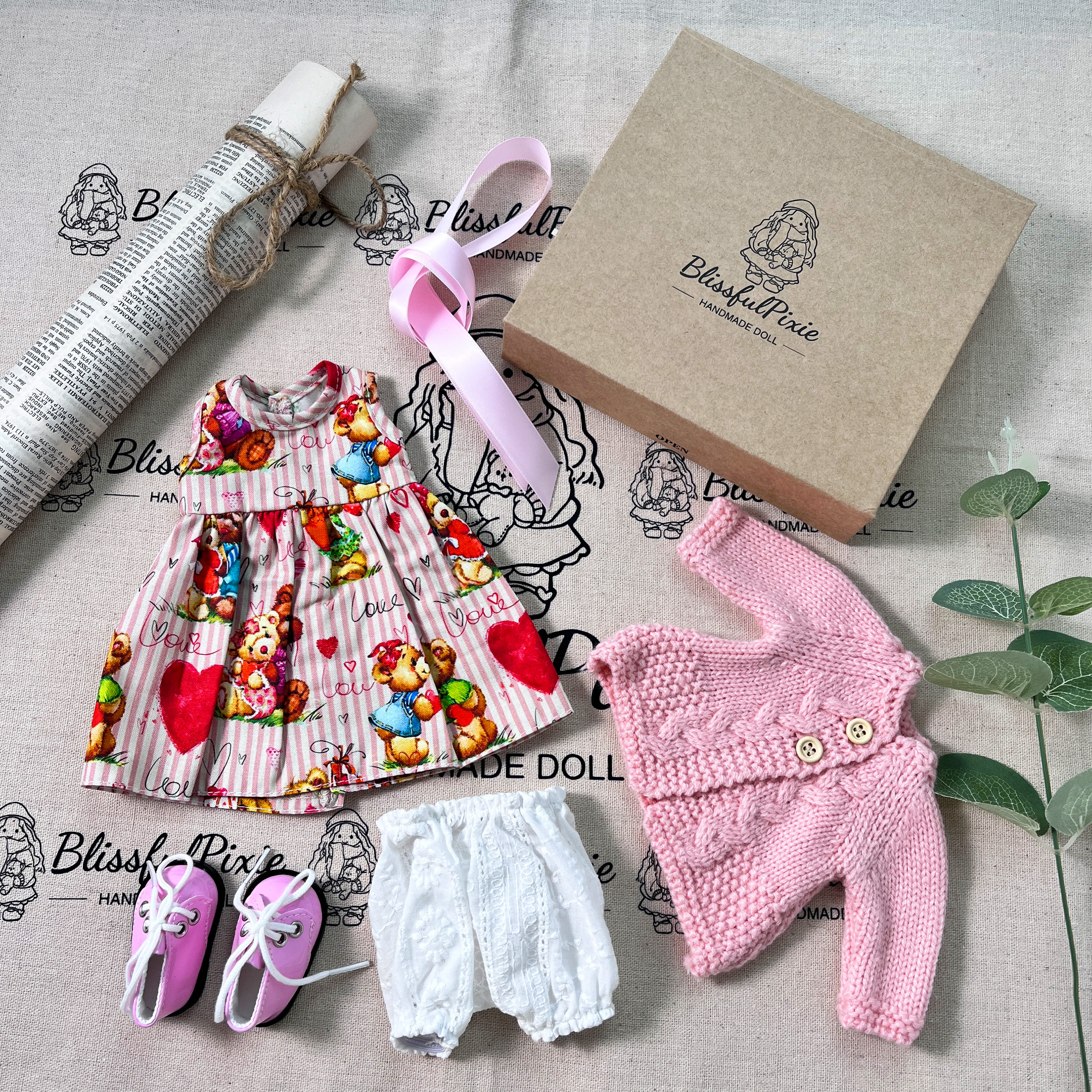 BlissfulPixie 12" Waldorf Handmade Doll Clothing Set Baby Girl Clothes Washable
