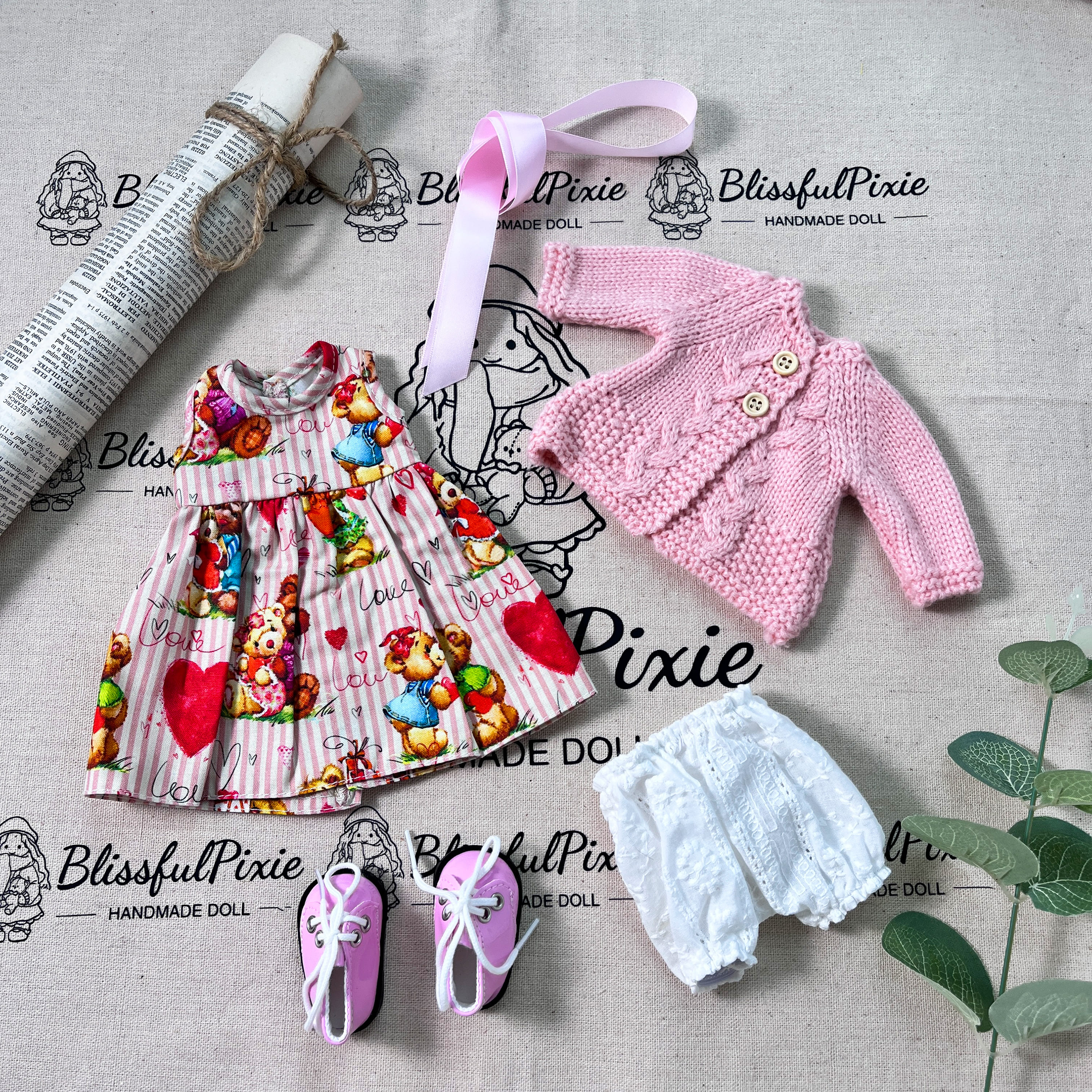 BlissfulPixie 12" Waldorf Handmade Doll Clothing Set Baby Girl Clothes Washable