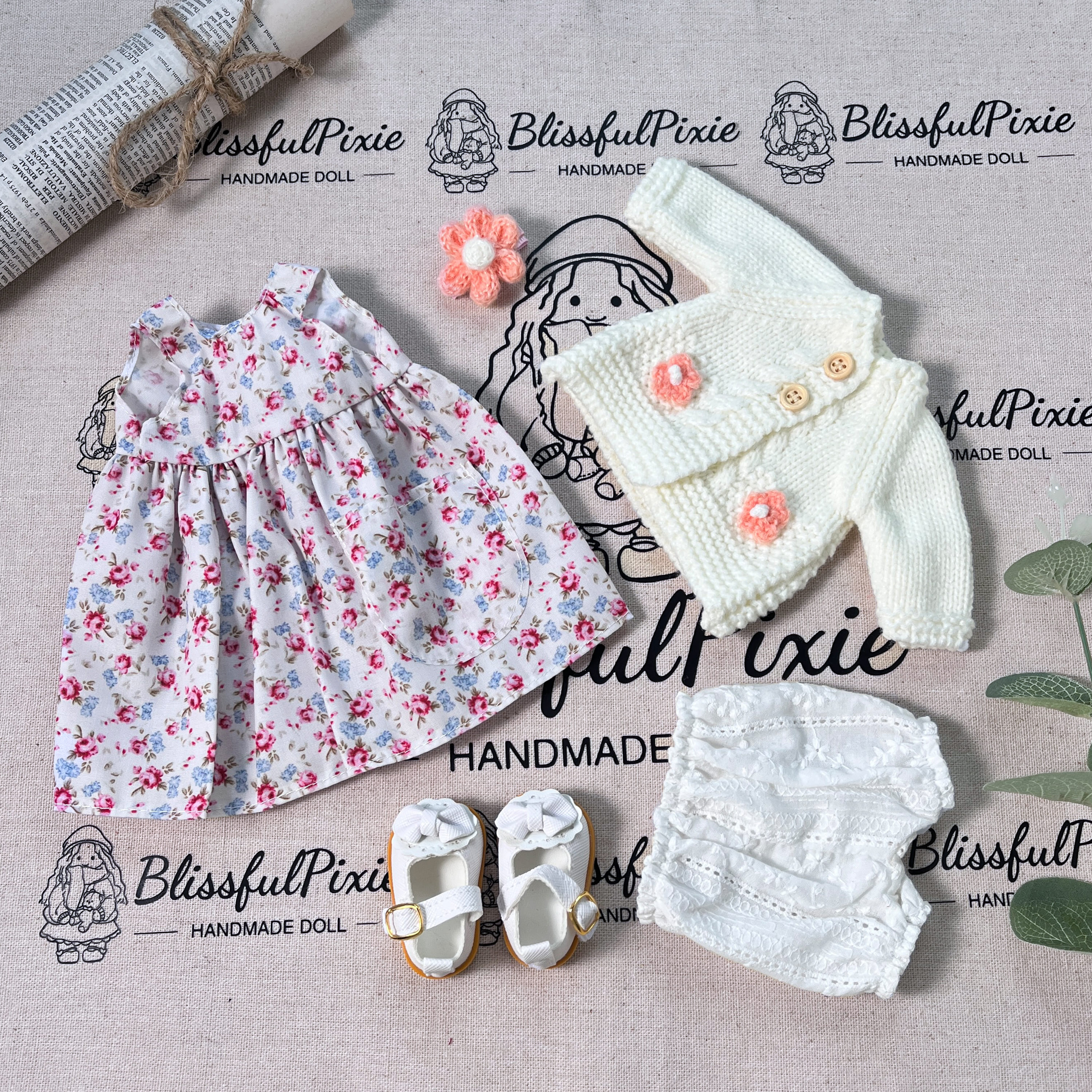 BlissfulPixie 12" Waldorf Handmade Doll Clothing Set Baby Girl Clothes Washable